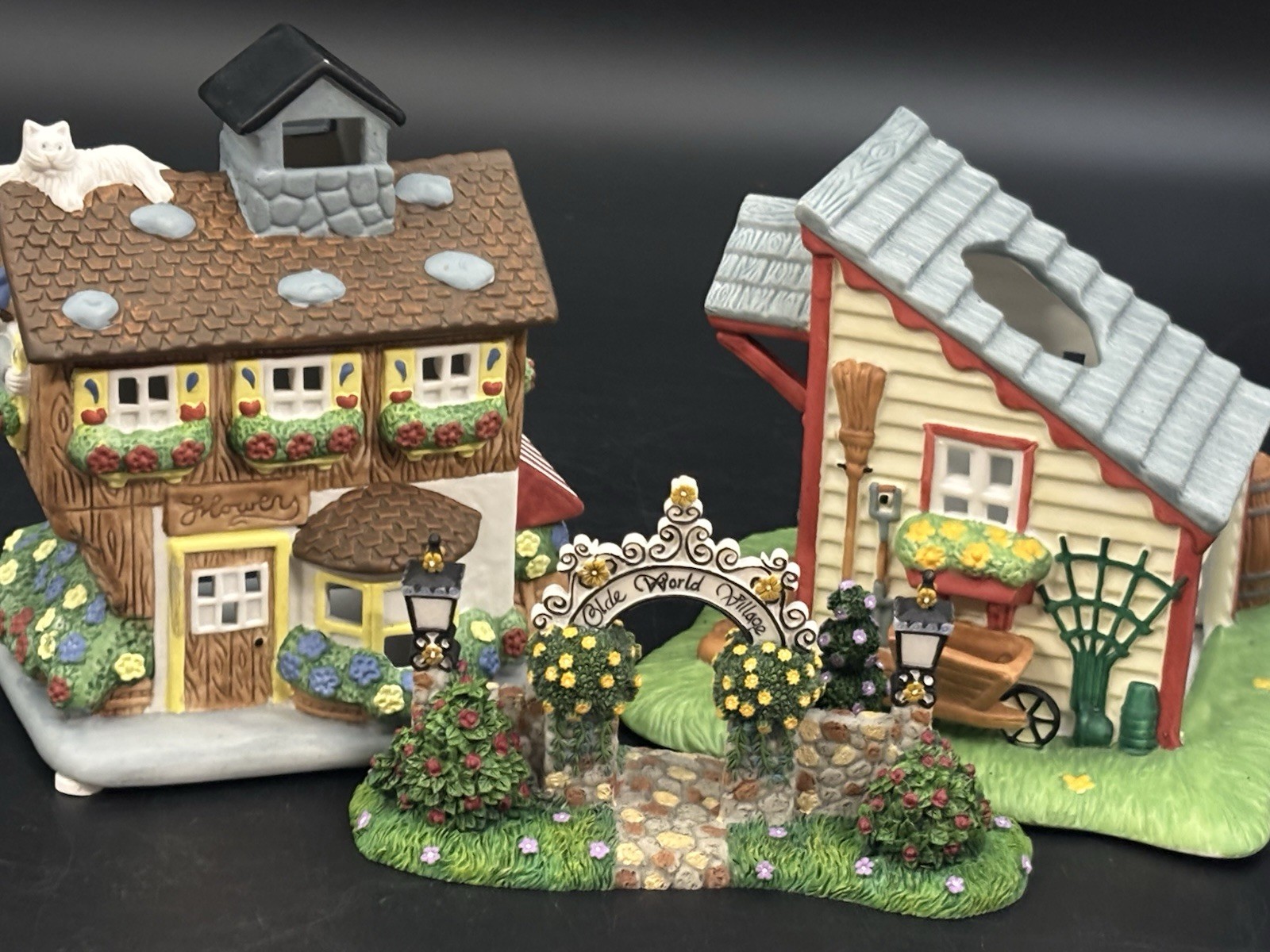PartyLite Olde World Village 3pc Flower Shop Garden Shed Arbor Gate Tealight