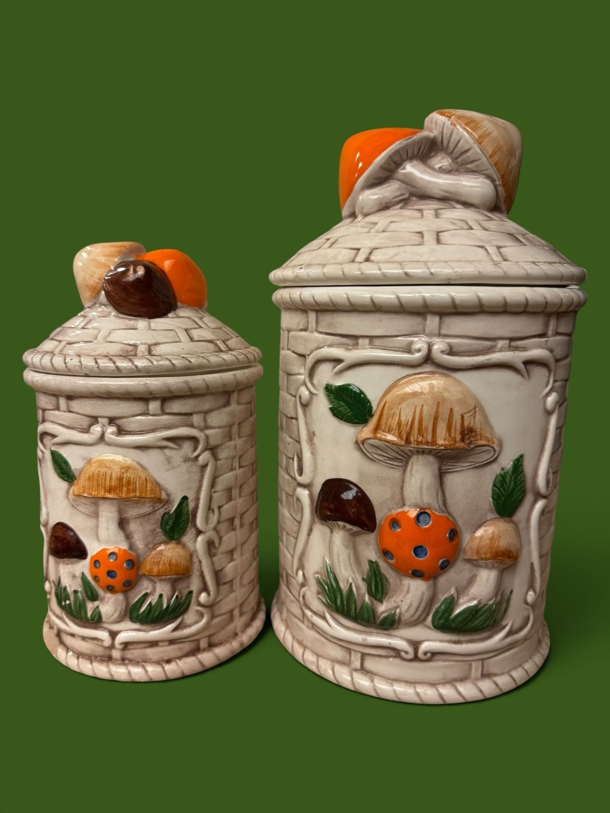 Vintage 1970s Mushroom Ceramic Canisters – Set of 2
