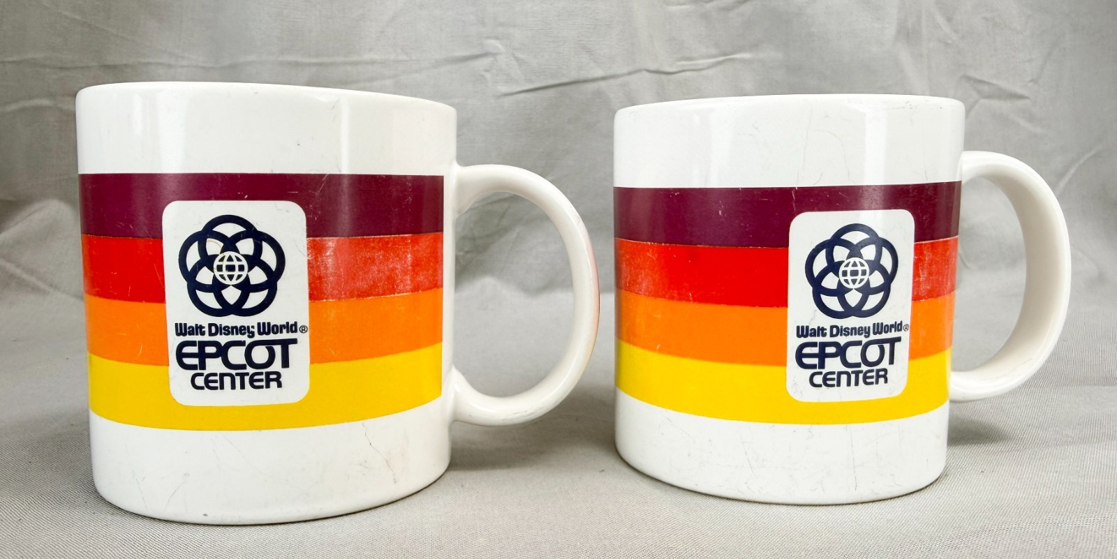 Pair Vtg 1982 Disney World EPCOT Center Opening Year Coffee Mug Set Rainbow Stri