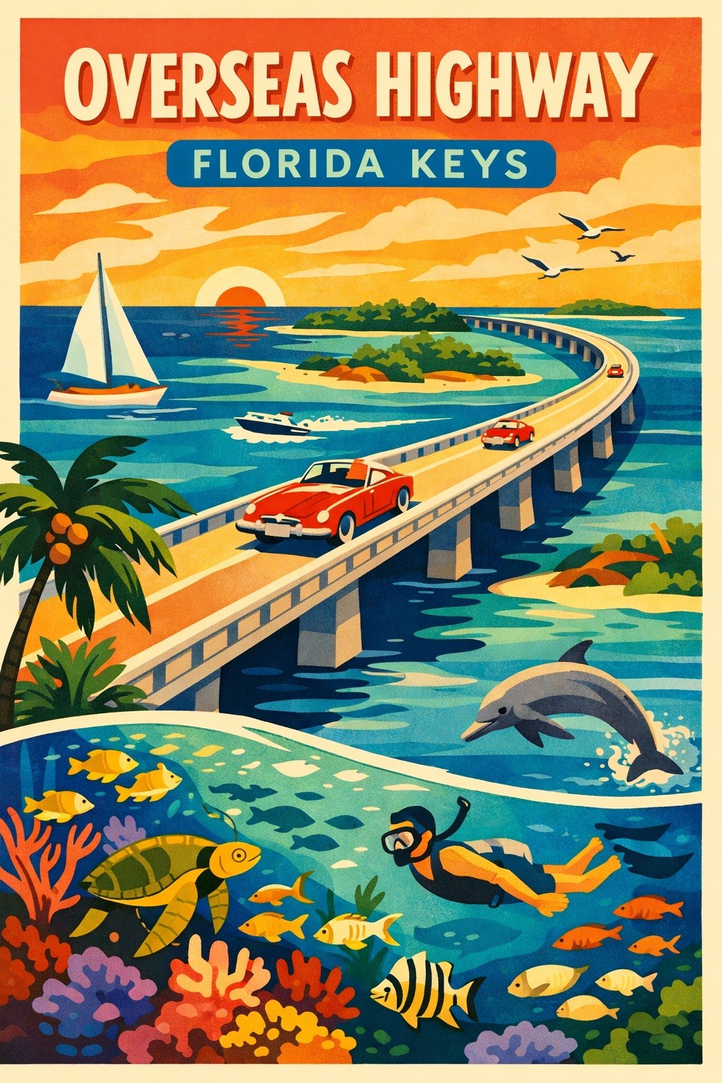 🌴 Retro Overseas Highway Florida Keys Poster - 24x36” - Hi-Res💎 Print 200GSM