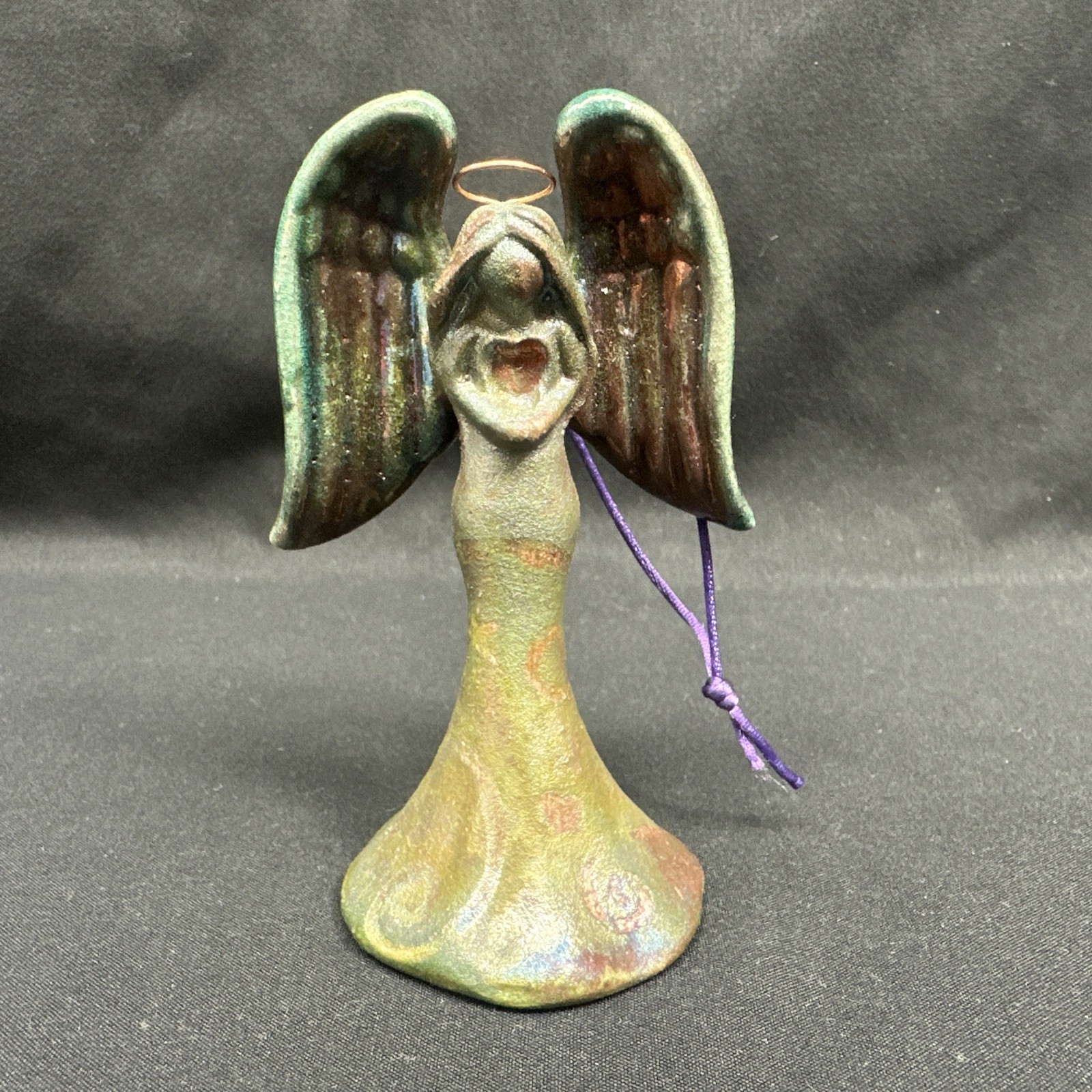 Angel Raku Figurine Heart Signed Jeremy Diller 4” Ornament Halo Iridescent