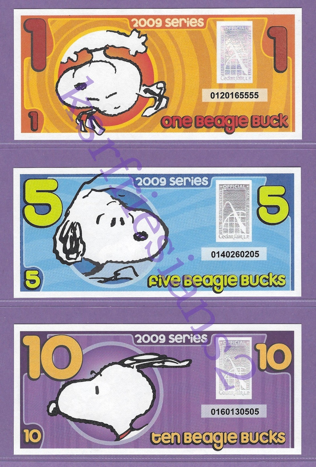 2009 $1 $5 $10 BEAGLE BUCKS LIKE DISNEY DOLLARS KNOTTS BERRY FARM SNOOPY CHARLIE