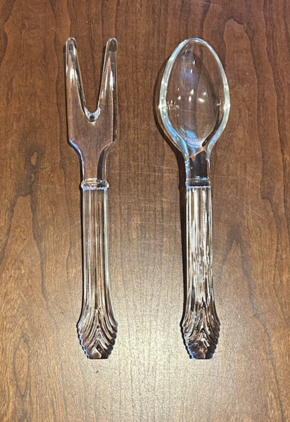 Vintage Imperial Glass Cape Cod Clear Salad Serving Spoon & Fork Set 9.5#Reeded