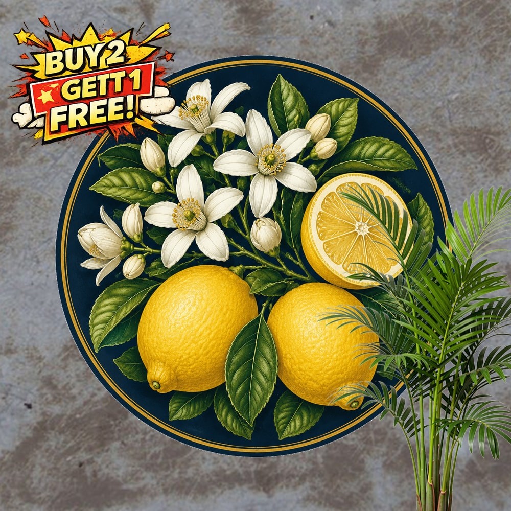 Lemon Floral Country Design Round Metal Tin Sign Kitchen Wall Decor 8x8