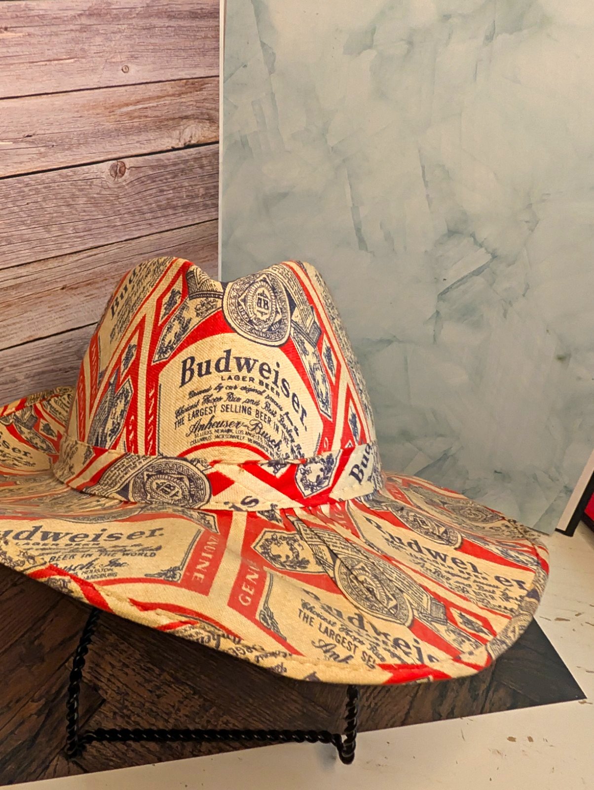 Vintage 1970s Budweiser Canvas Wrapped Straw Cowboy Hat Beer Promo Label Large