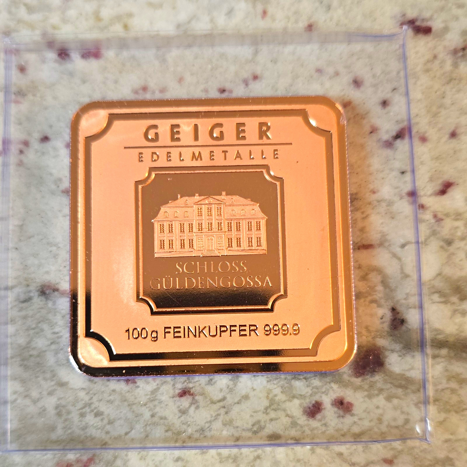 Geiger Edelmetalle 100g Fine Copper 999.9 Bar Schloss Guldengossa