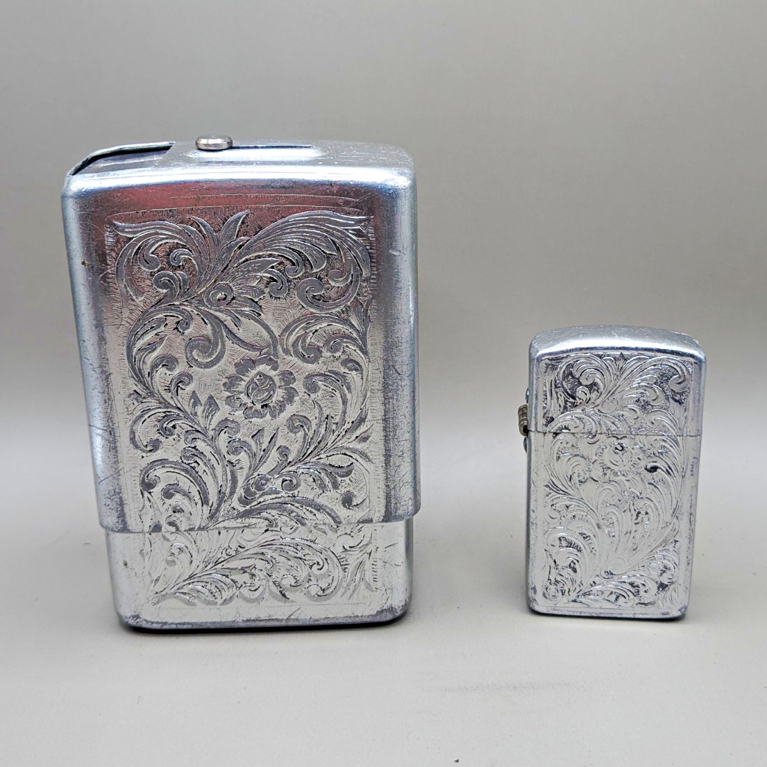Vintage Park Industries Slim Lighter & Matching Cigarette Case Set Scrollwork