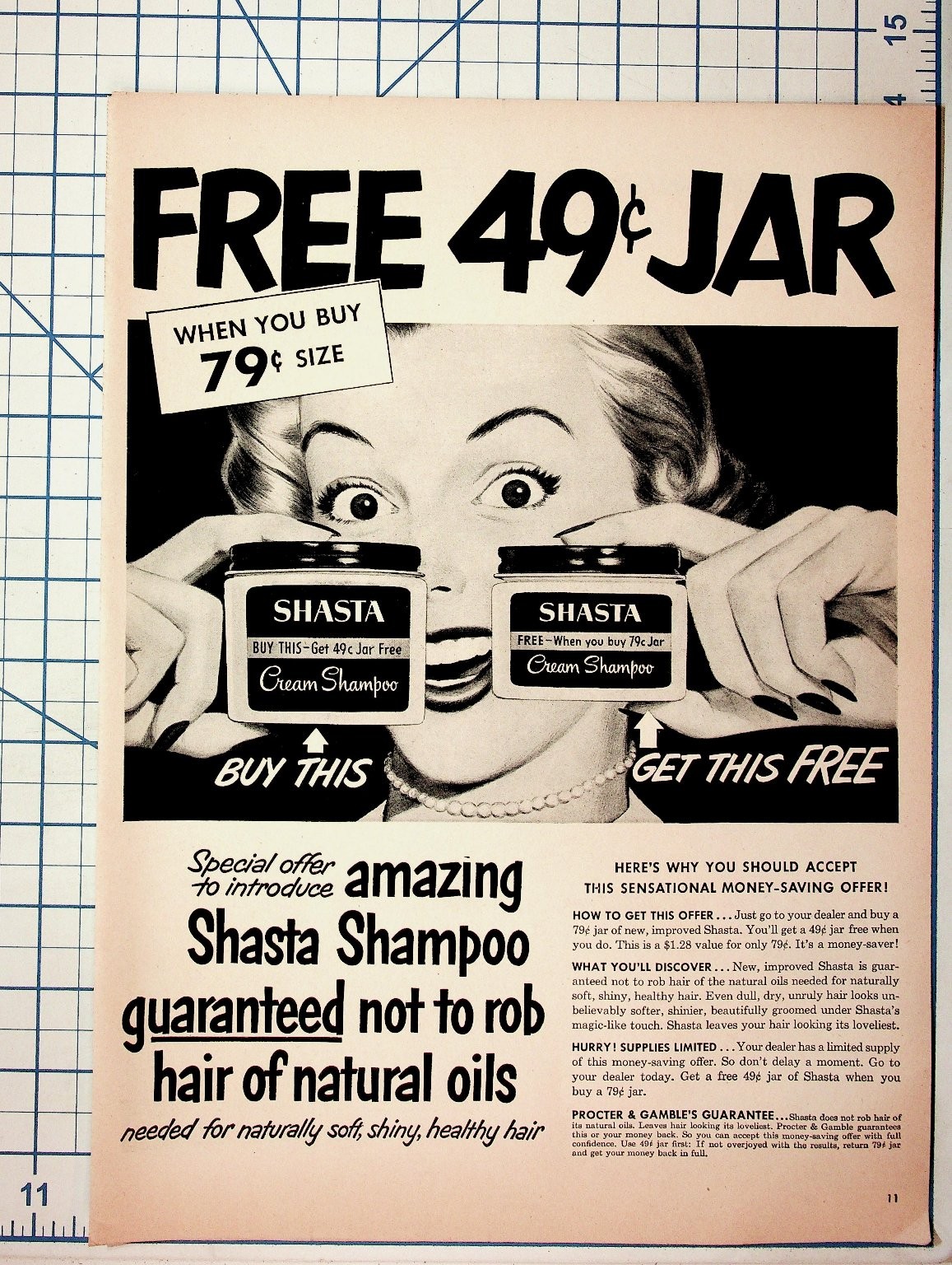 1950 Shasta Cream Shampoo Vintage Magazine Ad Free 49¢ Jar Offer
