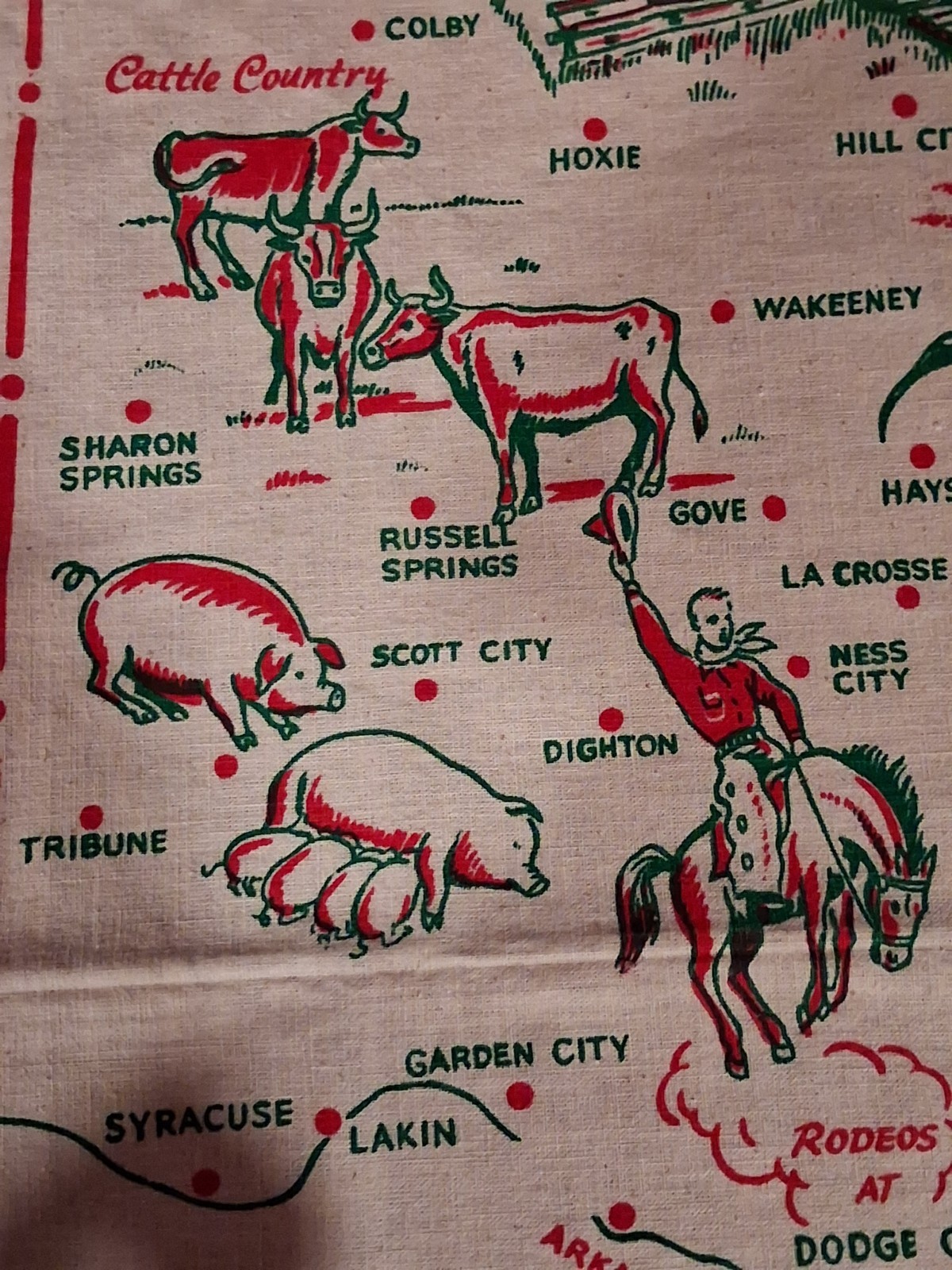 Vintage 50s Tablecloth Pictorial Map Kansas Cactus cloth 51X47 BUSY Pumpkins