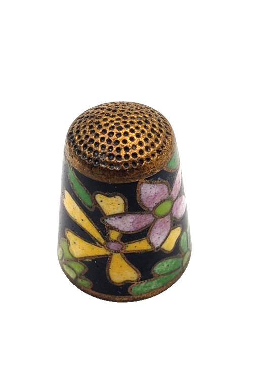 Vintage Cloisonne Enamel Brass Sewing Thimble Various Flowers Turquoise Interior