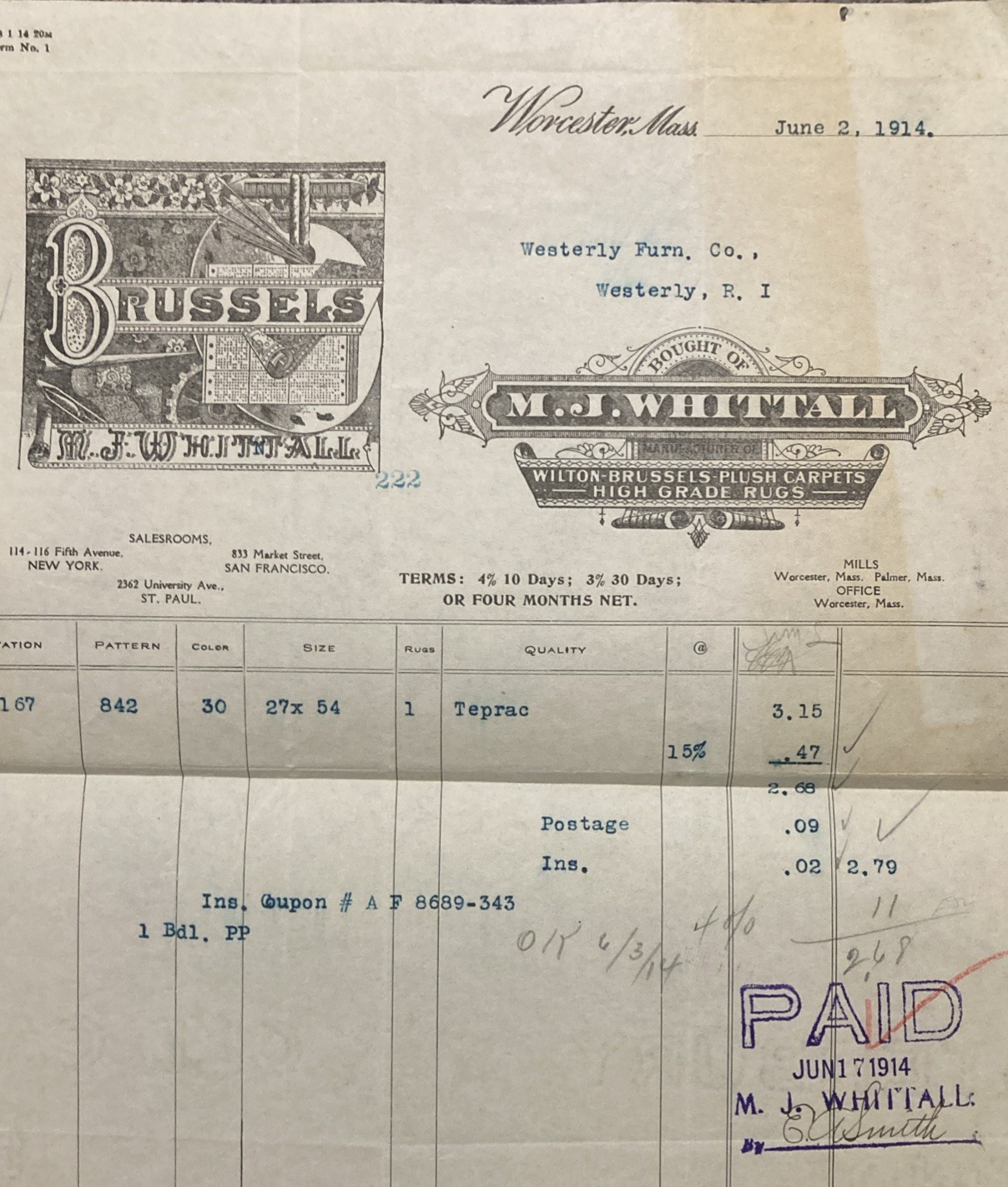 1914 MJ Whittall Brussels Wilton Plush Carpets Invoice Worcester Mass