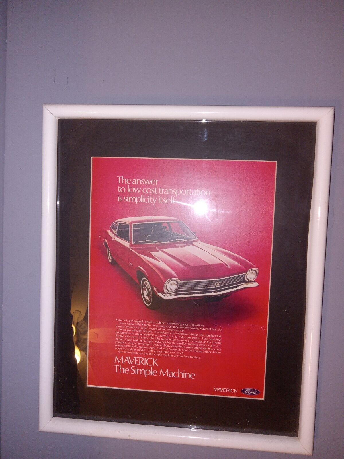 1971 FORD MAVERICK Red Automobile Vintage Art Print Ad Framed Matted 14\