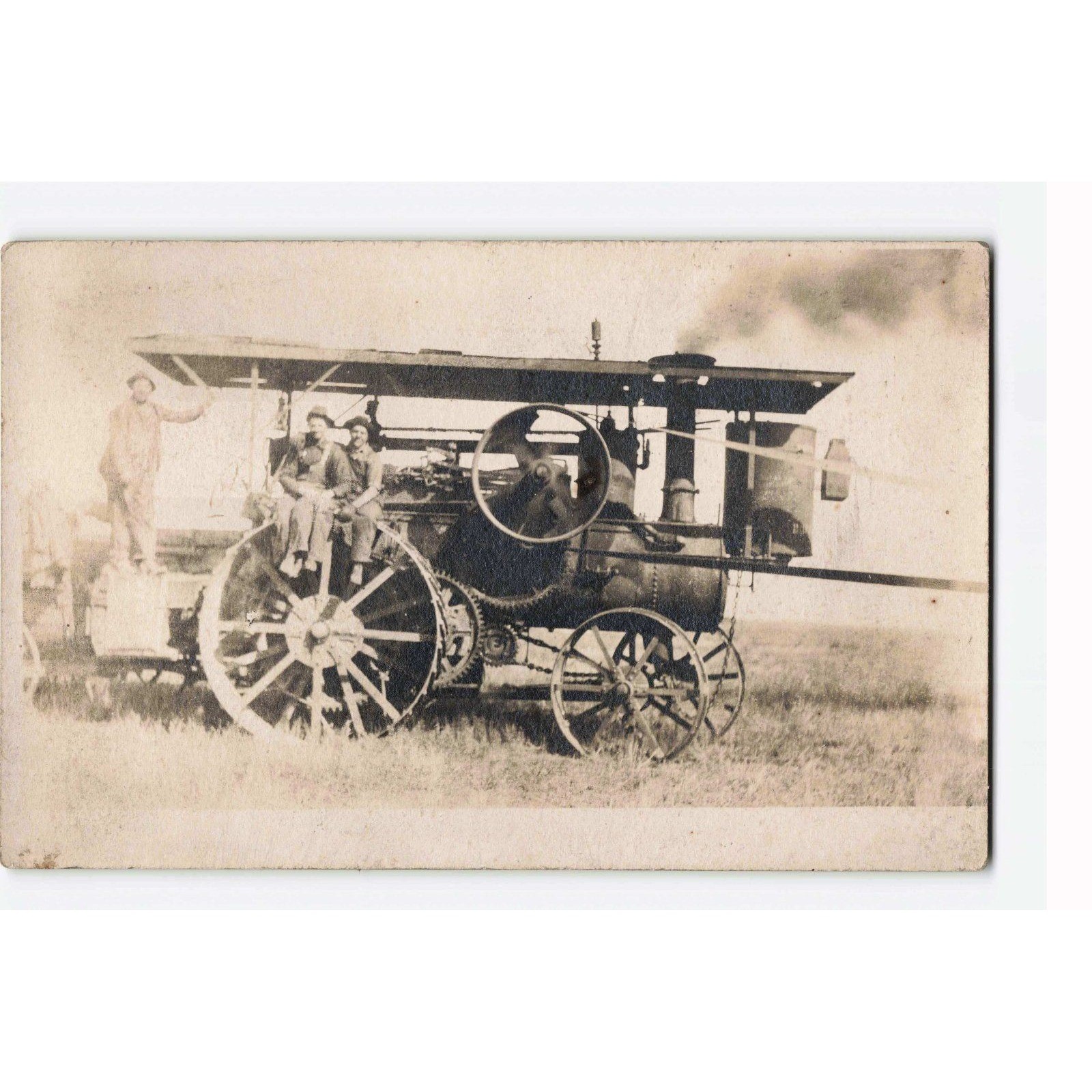 Antique RPPC Steam Traction Engine Tractor Men Posing Real Photo Postcard VG