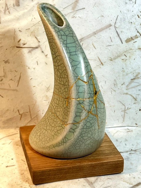 Kintsugi Japanese style technique, Ikebana, celadon crackle vase ,sea glass,VG