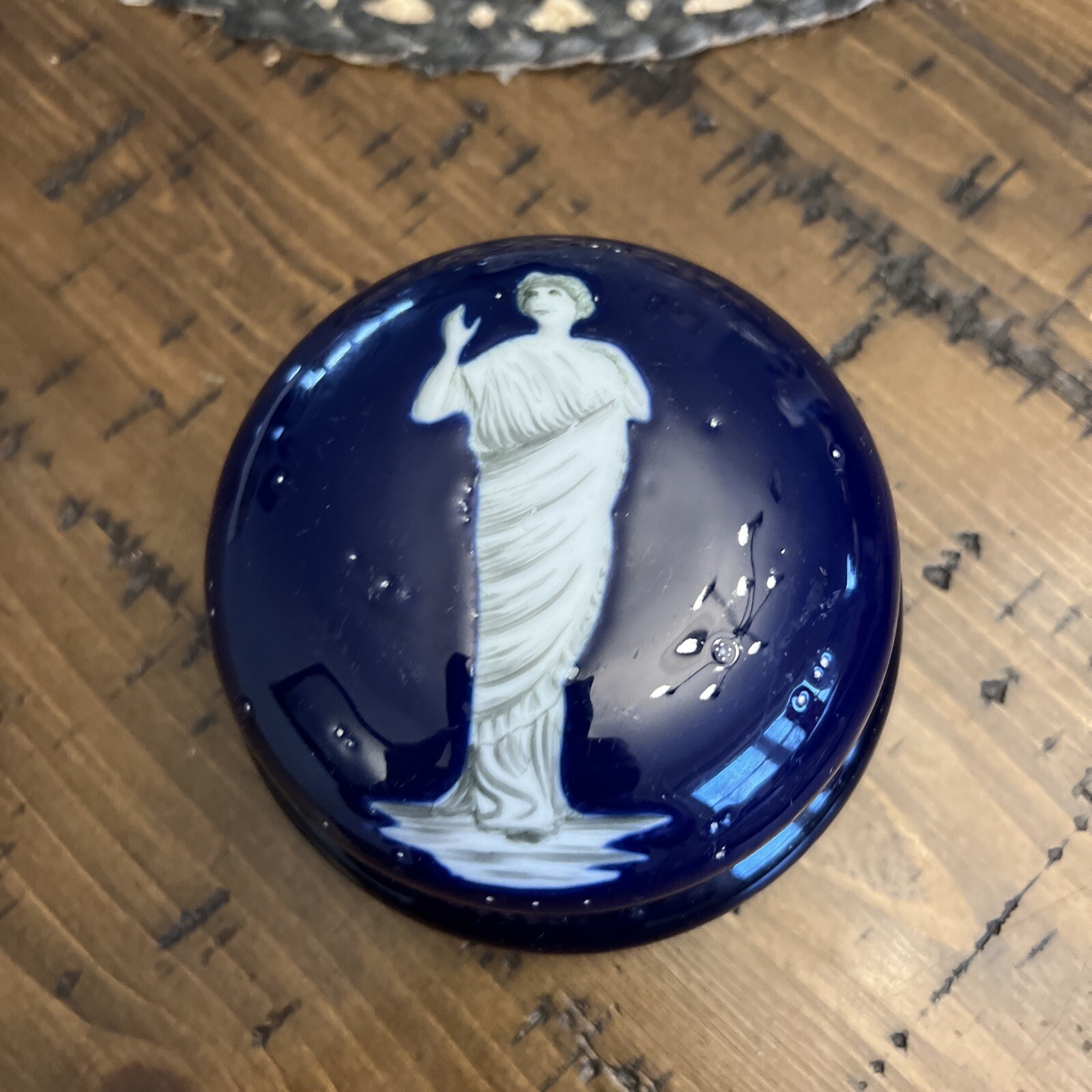 Beautiful vintage blue with Greek Lady fedora powder jar