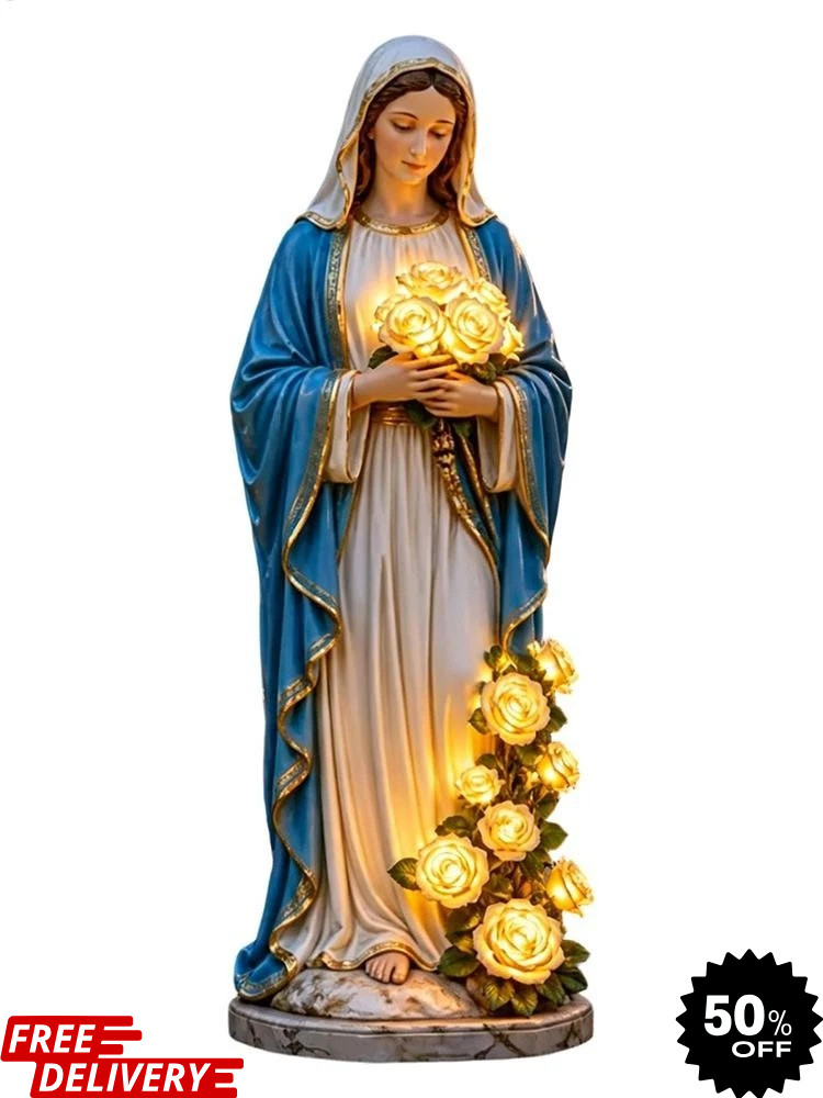 Virgin Mary Garden Light, Mary Statue With LED Glowing Roses Resin Blessed Decor