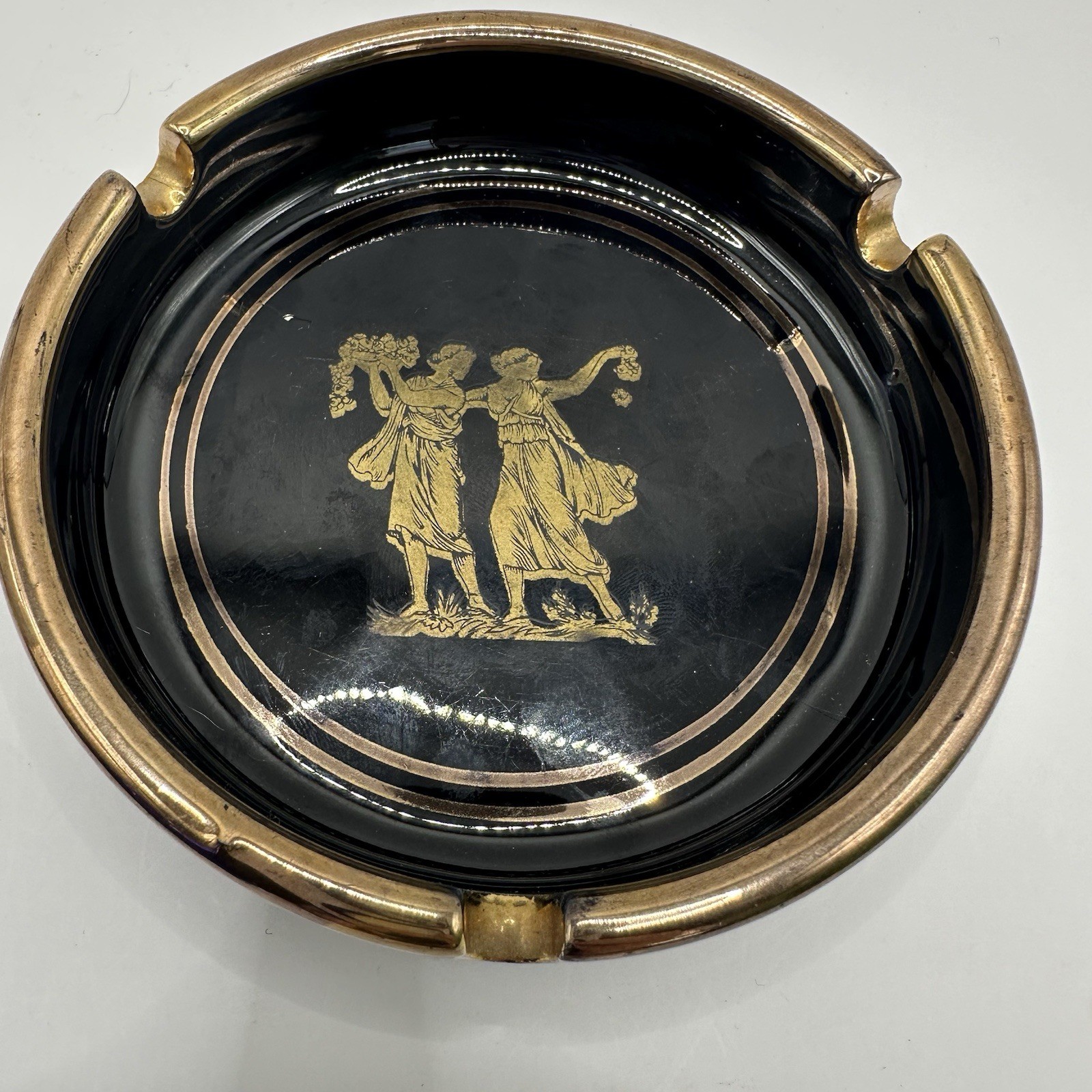 Vintage Greek Ashtray Black 24K Gold Inlay Hand Made in Greece 3.5\