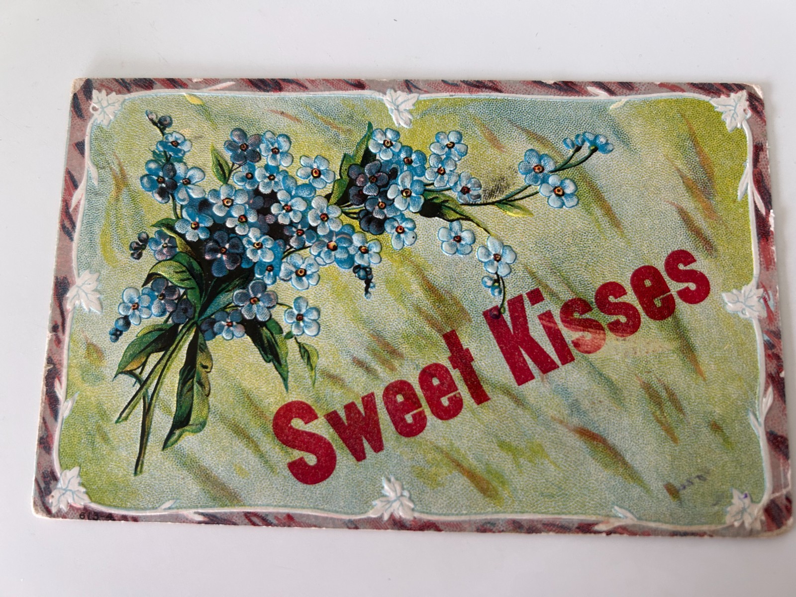 Sweet Kisses Blue Flowers Vintage Postcard