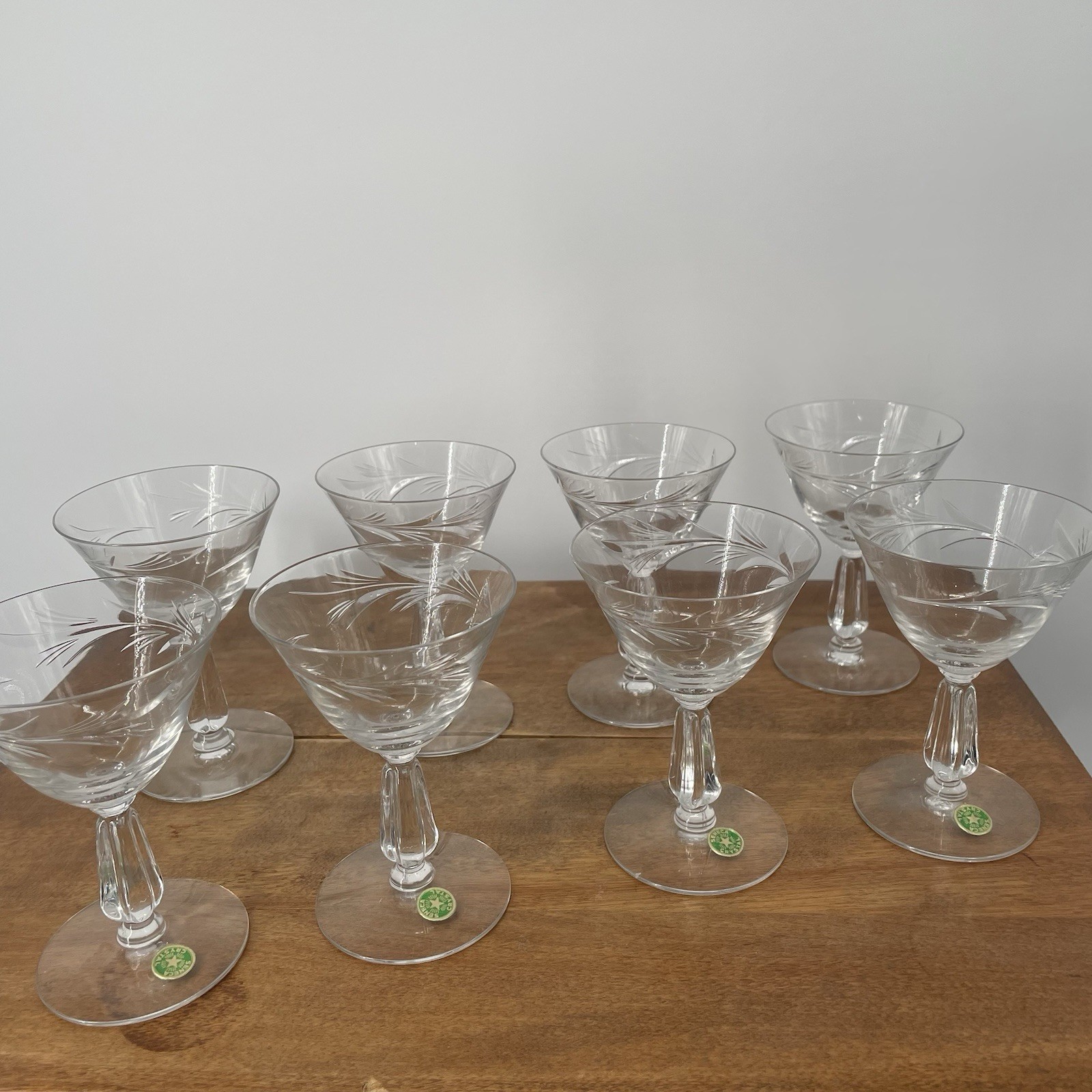 Set of 8 VTG 30s Seneca Etched Crystal Sherbet Glasses Fern Wheat Pattern Labels