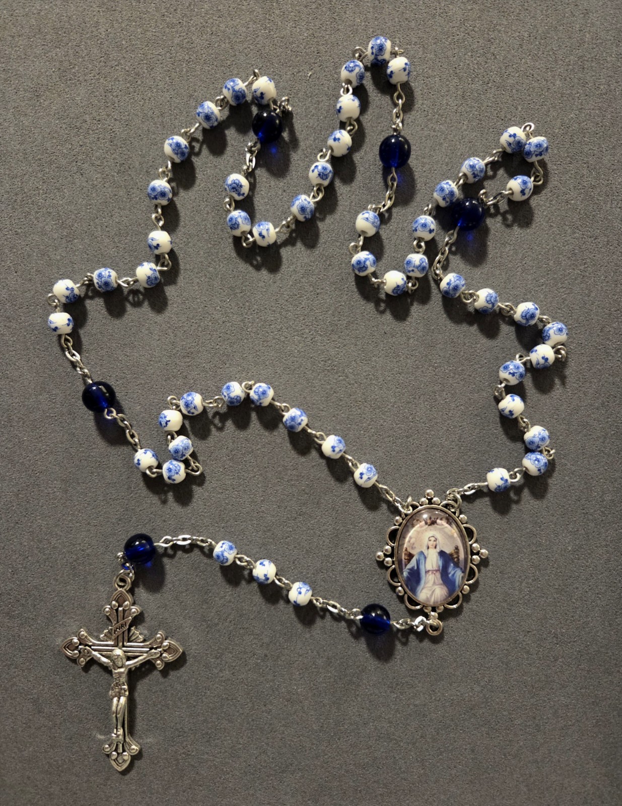 Coronation of Mary Blue Floral Porcelain and Blue Glass Rosary