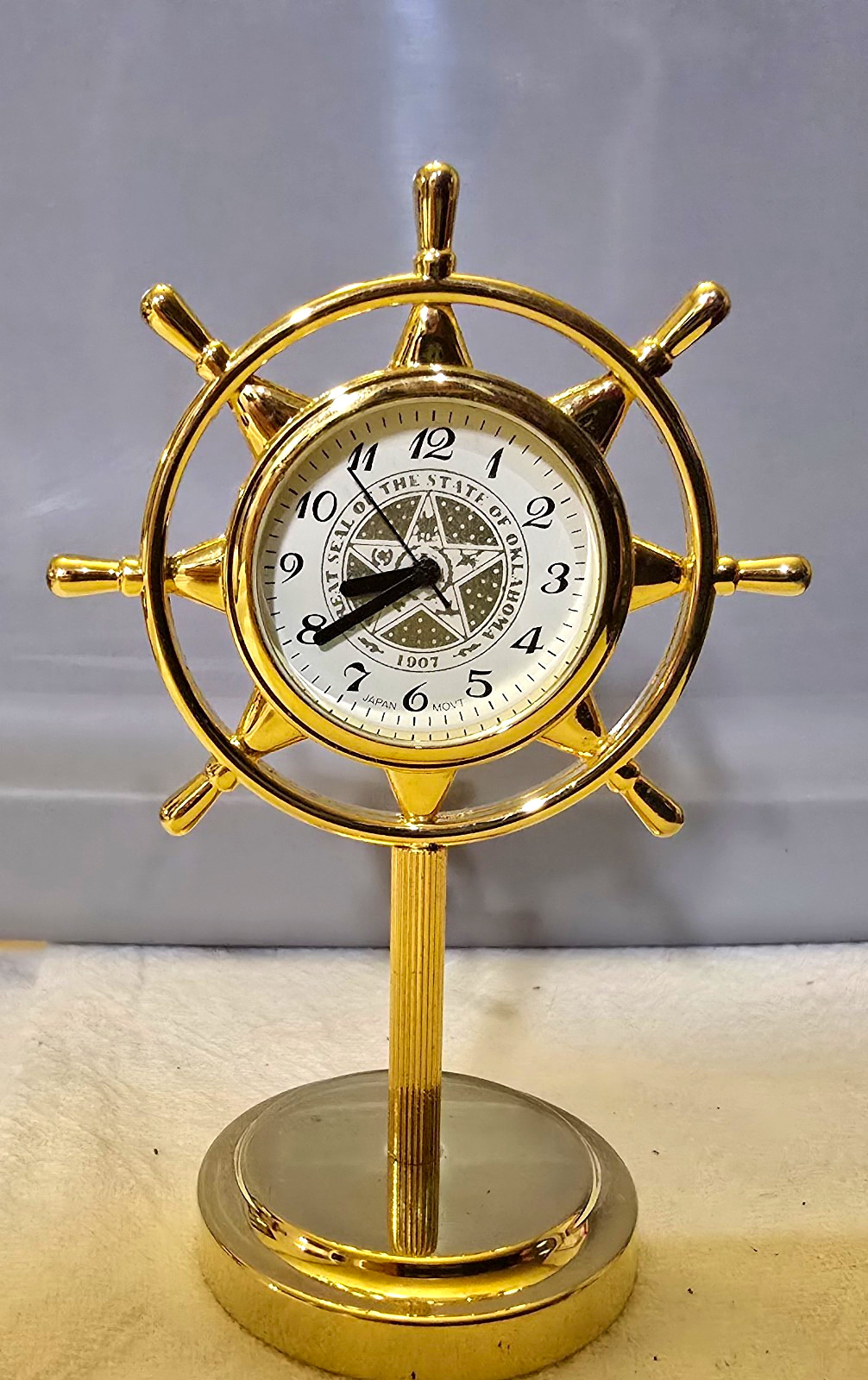 Vintage Oklahoma State Seal Ship Wheel Desk Clock San Diego Cruise 2002 Works