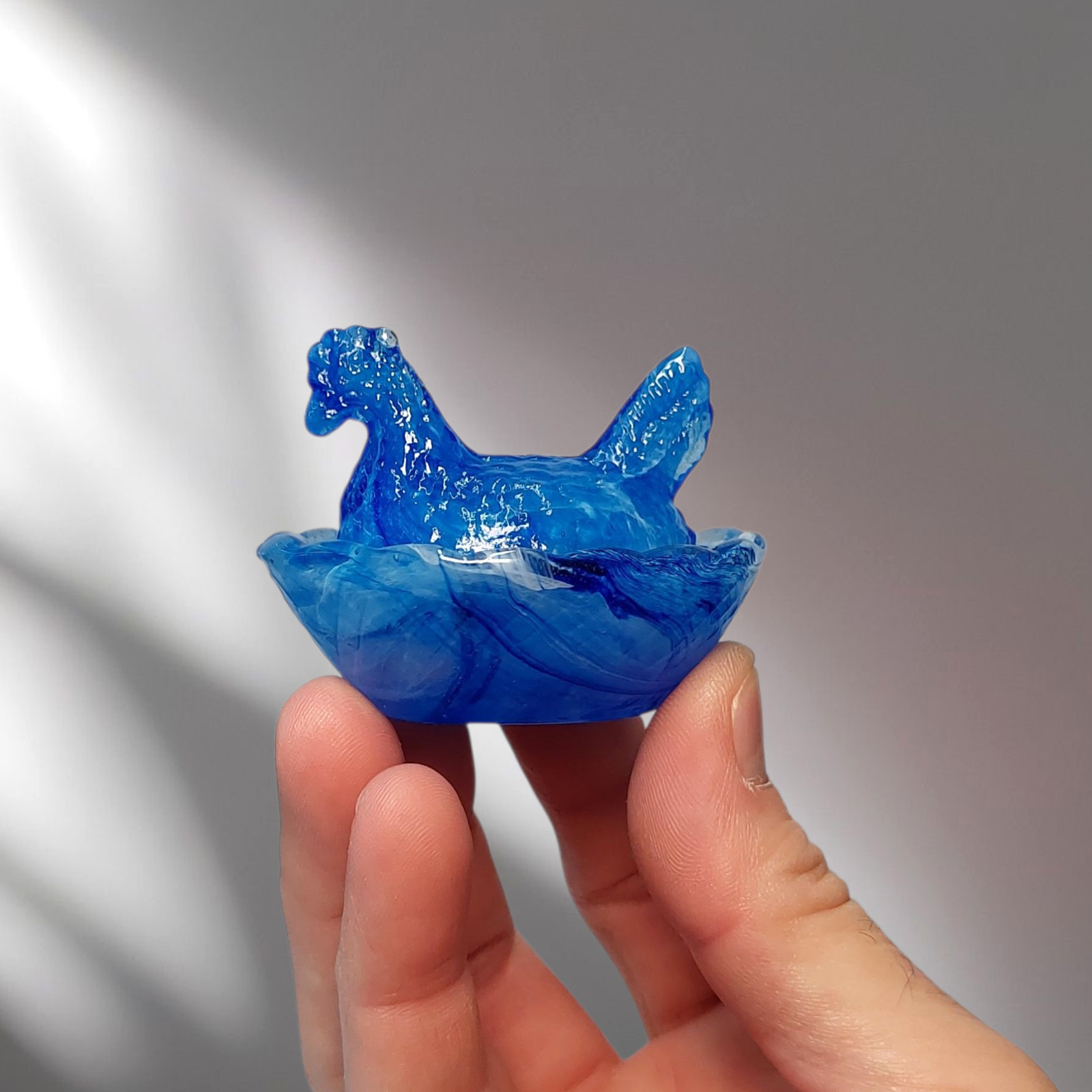 Blue Cream Swirl Hen on Nest Mini Chicken Salt Dish, Depression Style Glass
