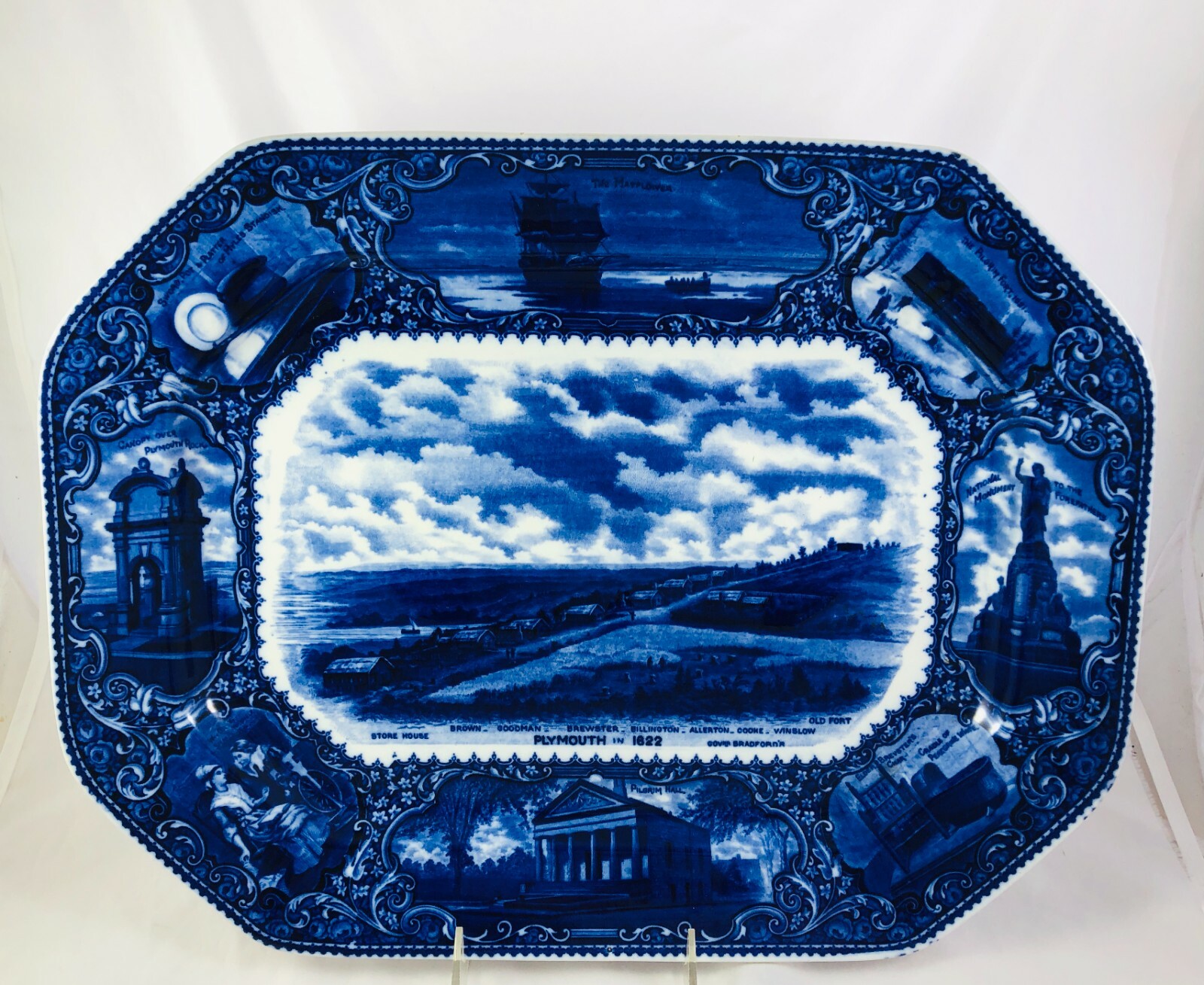 Antique R&M Dark Cobalt Blue Historical Platter Plymouth 1622 Mayflower Pilgrim