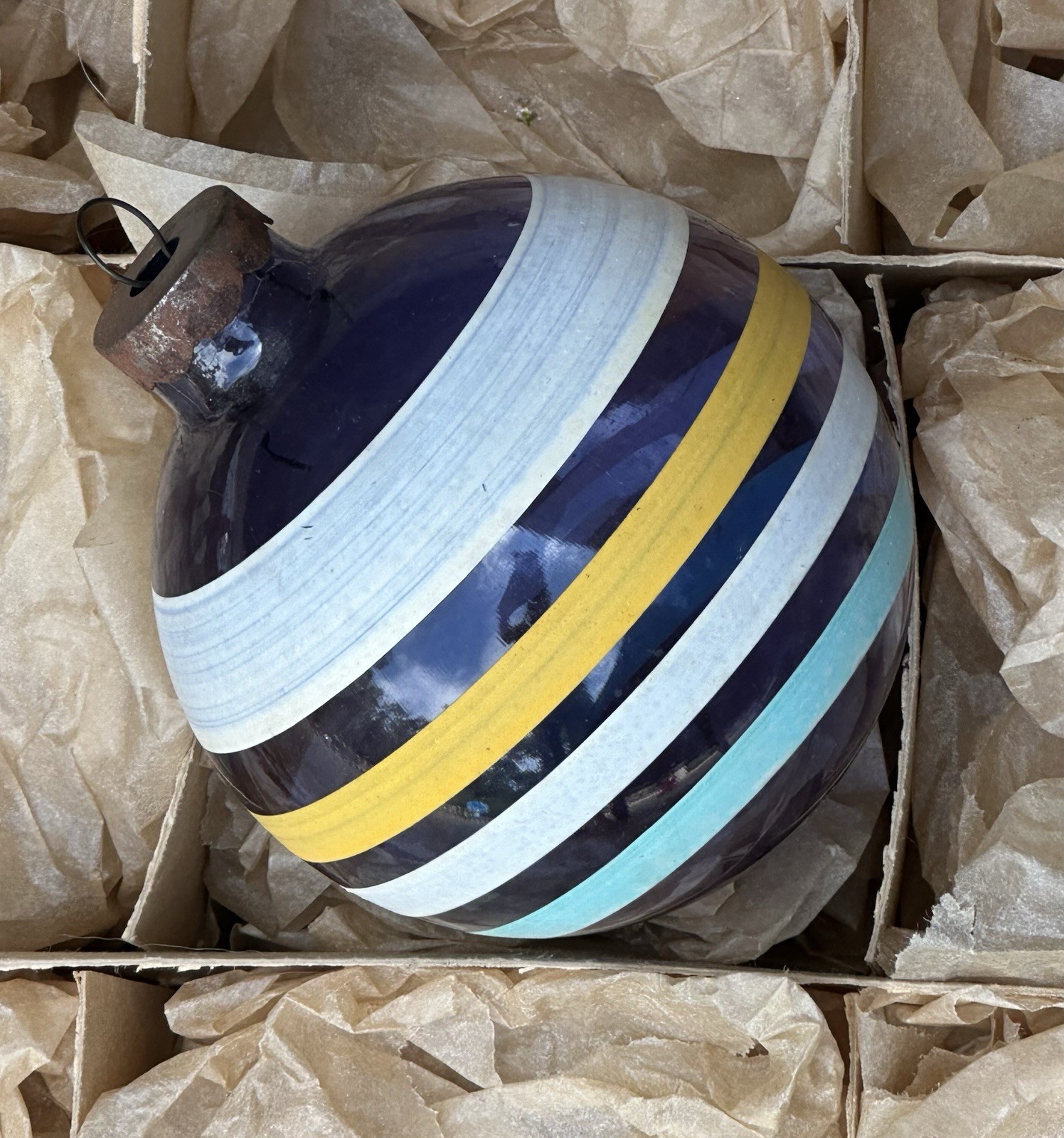 VTG Shiny Brite Corning Made In Us Of A Blue Unsilvered Stripe Glass Ornament