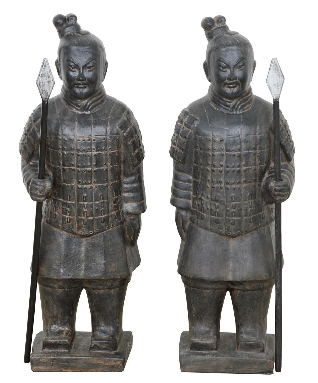 Pair of Chinese Warrior Soldier Figurines Statues, Black Earthy Finish-40''H