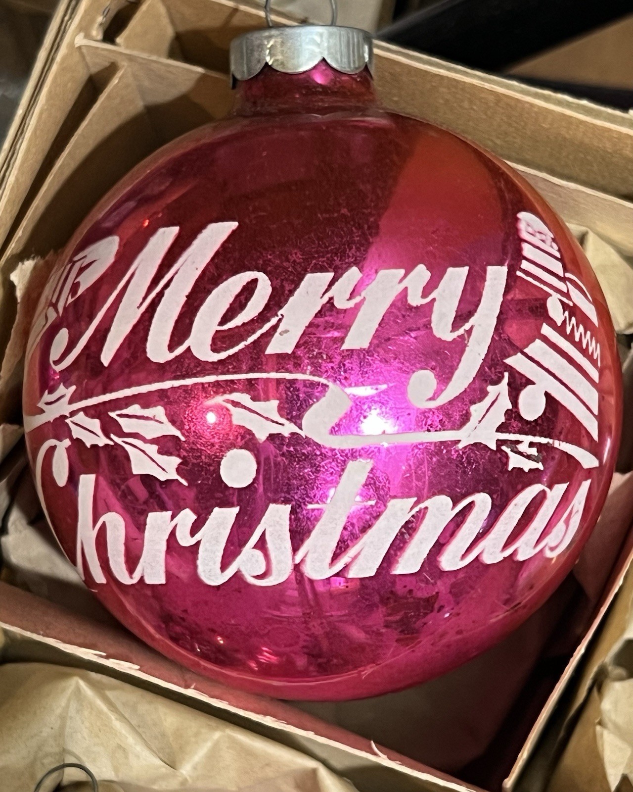 Vintage Franke Shiny Brite Pink Glass Bells Holly Merry Christmas Ornament
