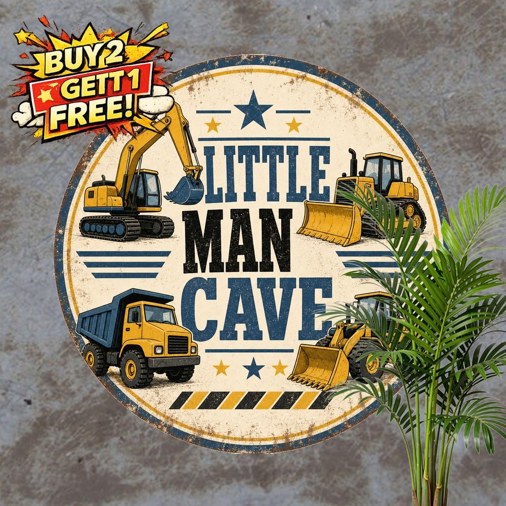 Construction Vehicles Heavy Excavator Digger Round Metal Sign 8x8