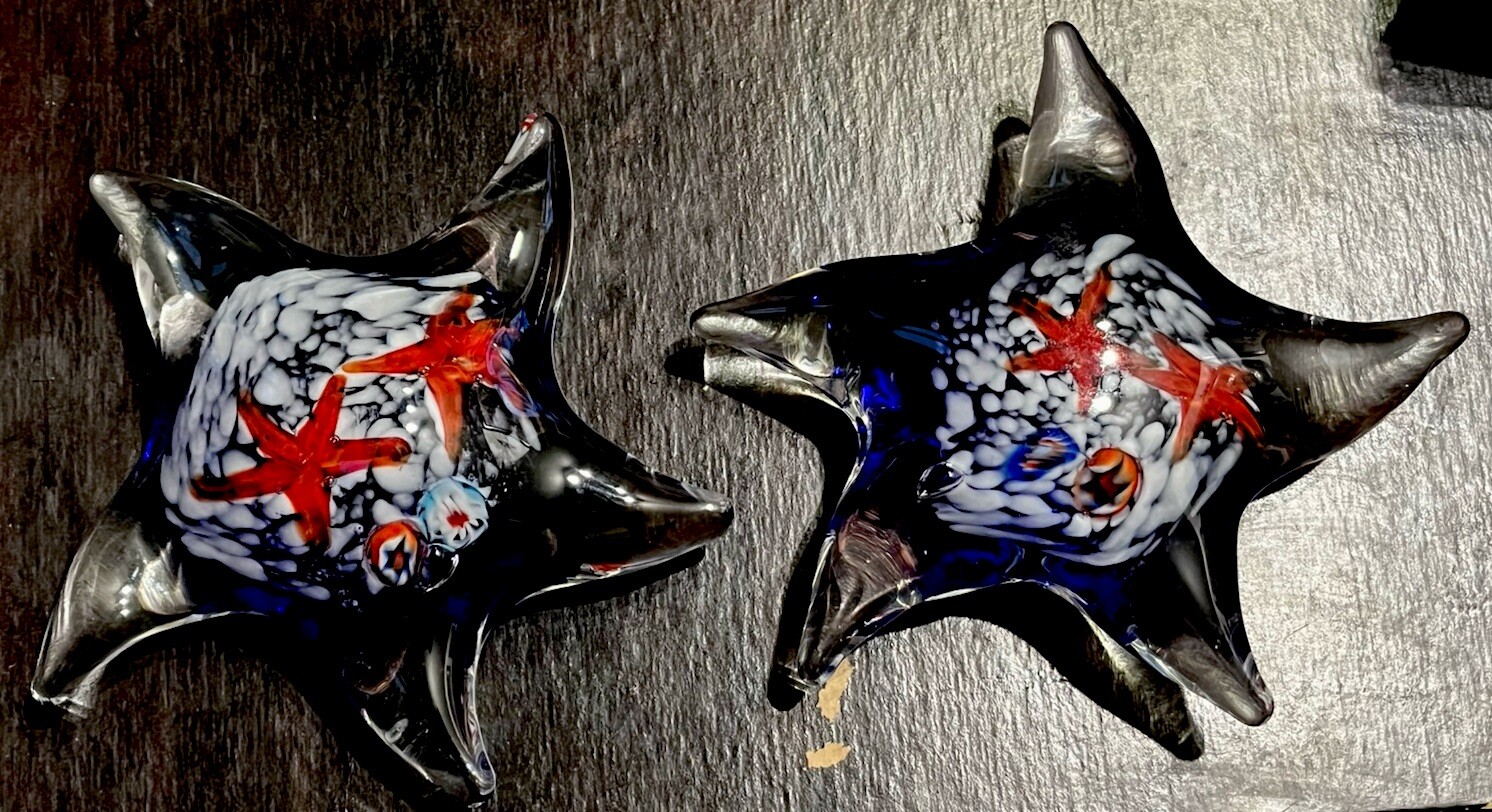 2 Vtg Starfish Ocean Sea Blue Multicolor Heavy Glass Paperweight Desk Fish