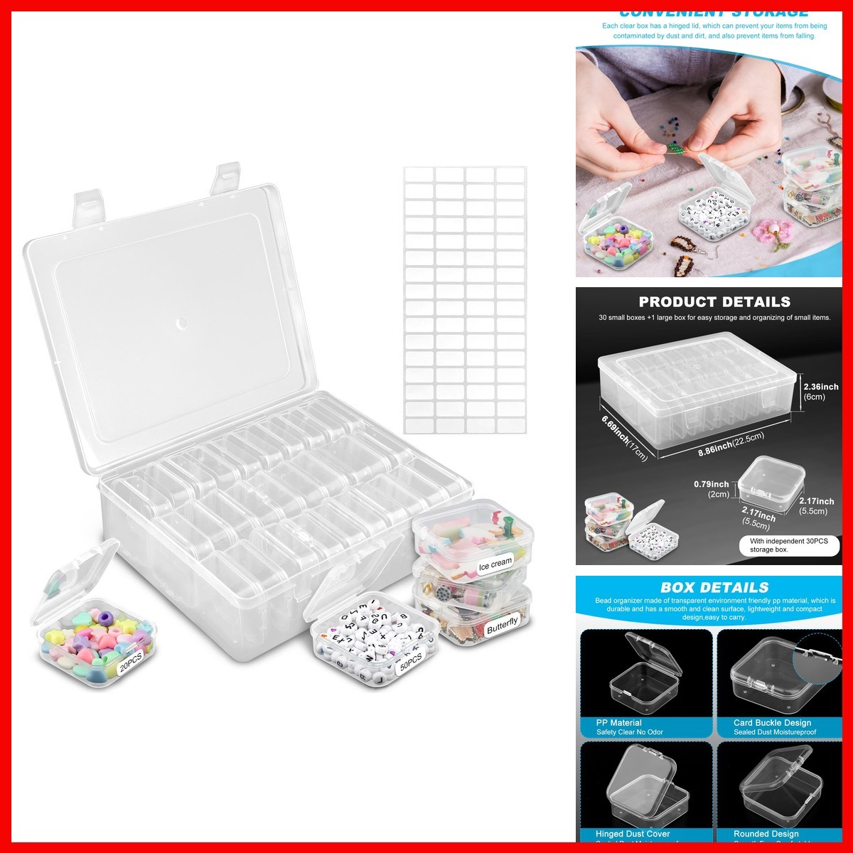 YOSINXU 31Pcs Clear Mini Bead Organizer Box for DIY Craft Supplies