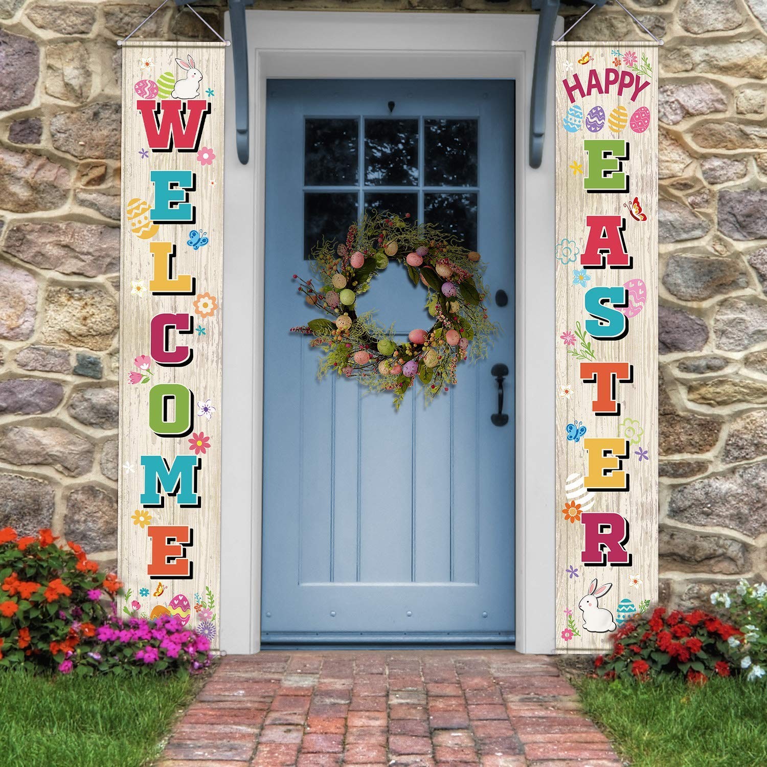 Blulu Easter Porch Banner for Front Door Welcome Happy Beige 