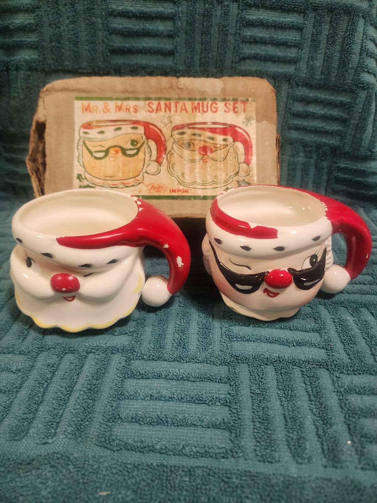 Vintage 1959 Lego Japan Winking Santa  Mrs Claus Mugs Cups Holt Howard Style HTF