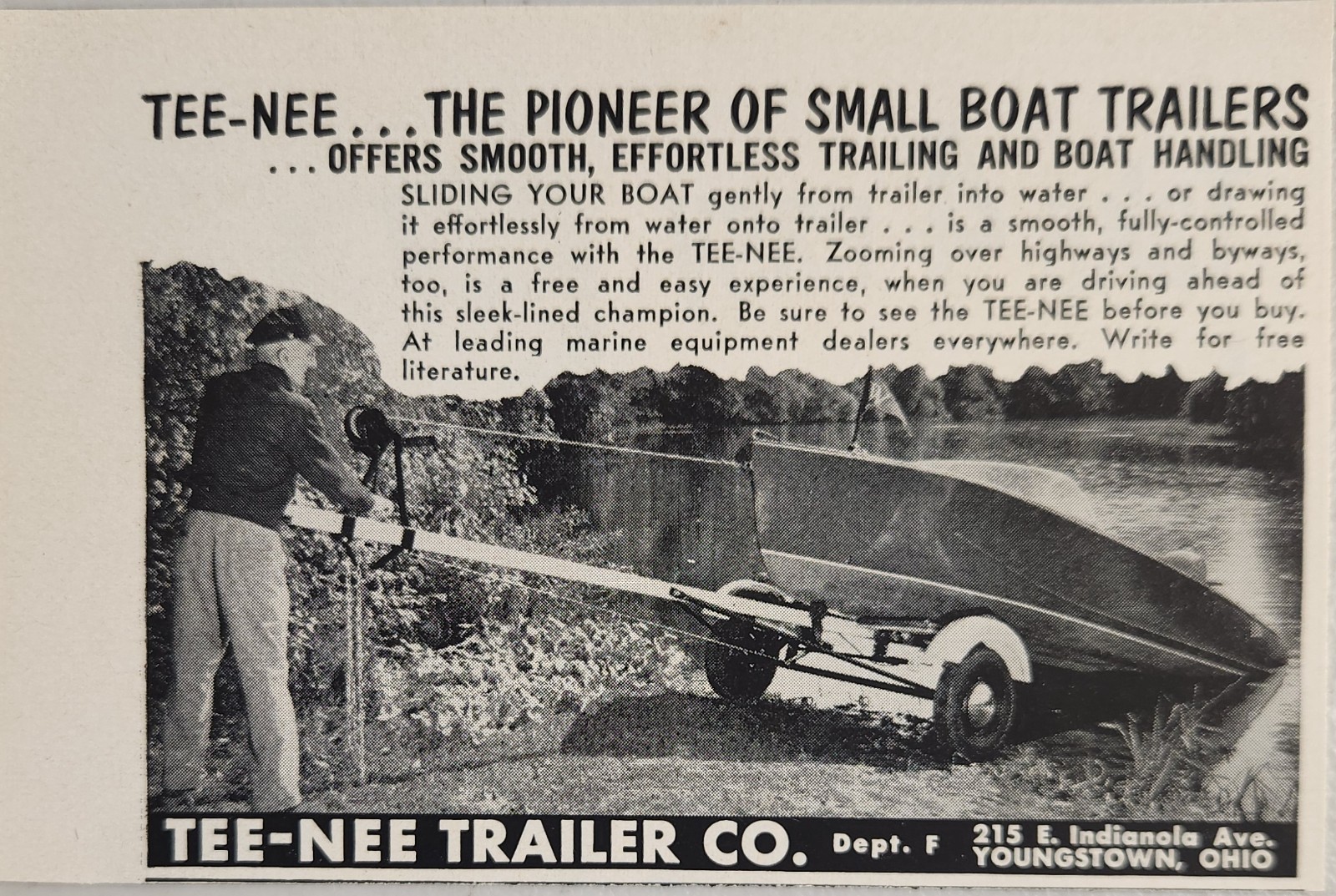 1954 Print Ad Tee-Nee Small Boat Trailers Slides Boat in Water Youngstown,Ohio