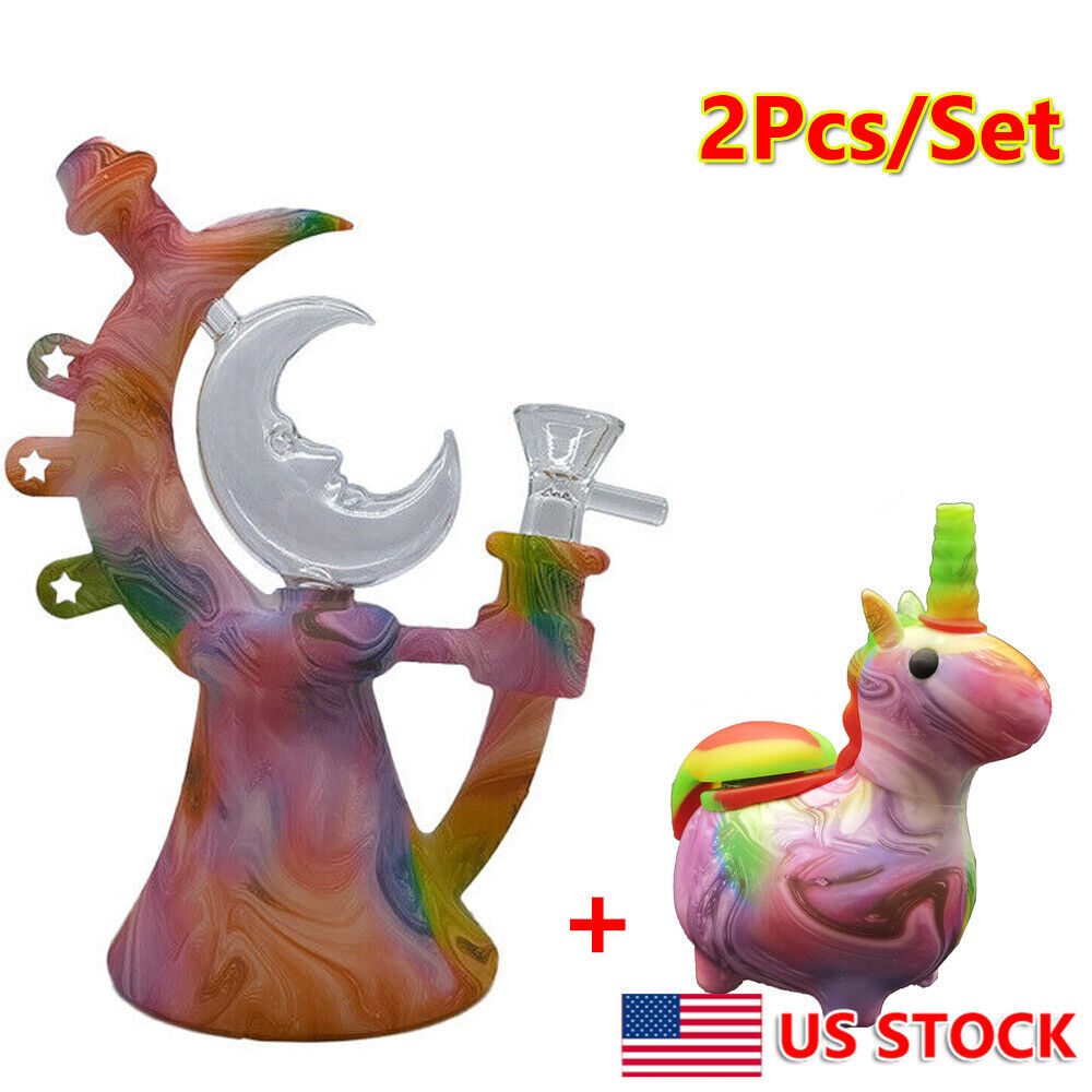 2Pcs/set Silicone Smoking Hookah Colorful Moon & Unicorn Bong Water Pipe + Bowl