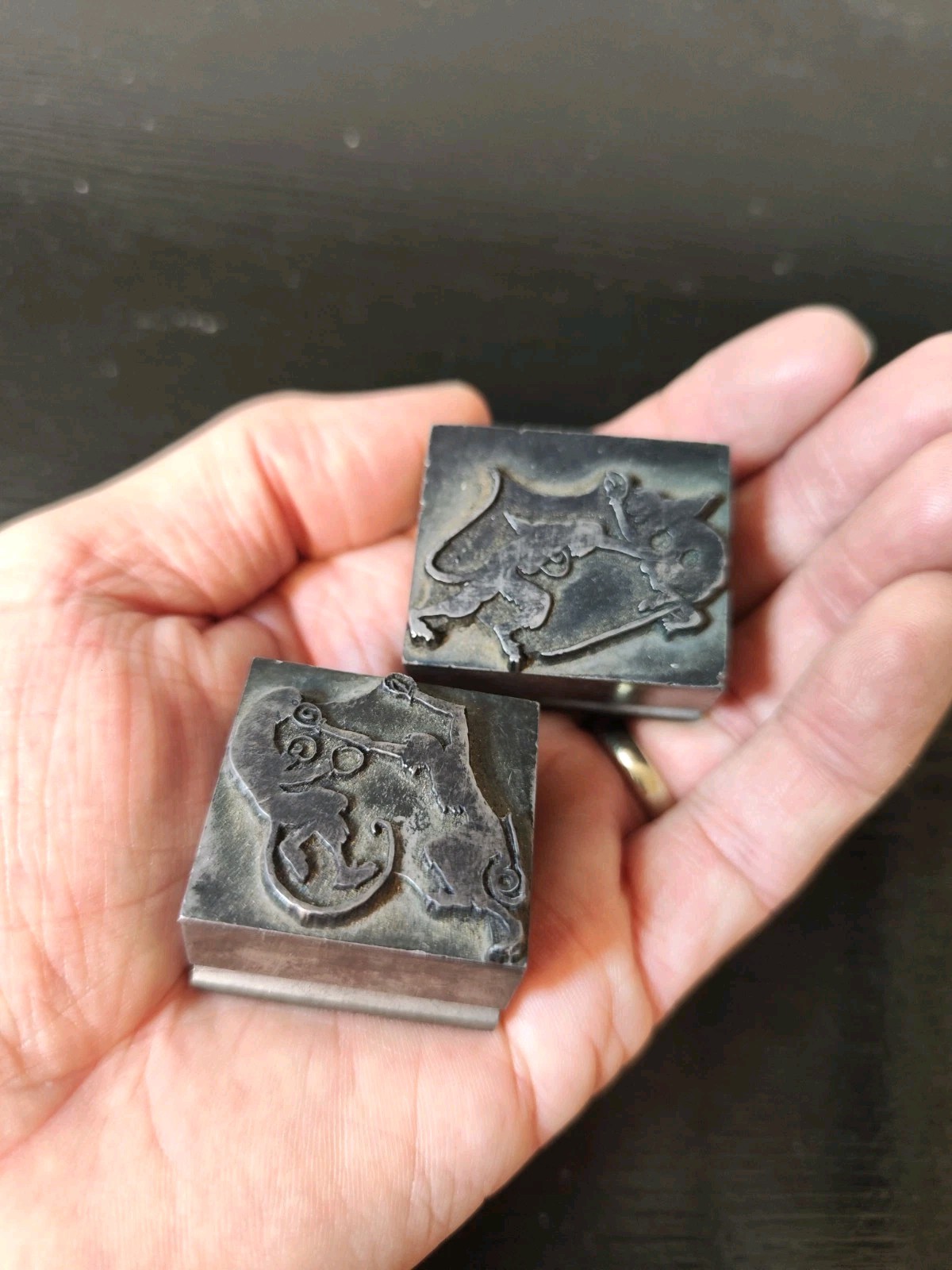 Pair of Antique Metal Letterpress Printing Blocks – Boxing Monkeys – Early 1900s