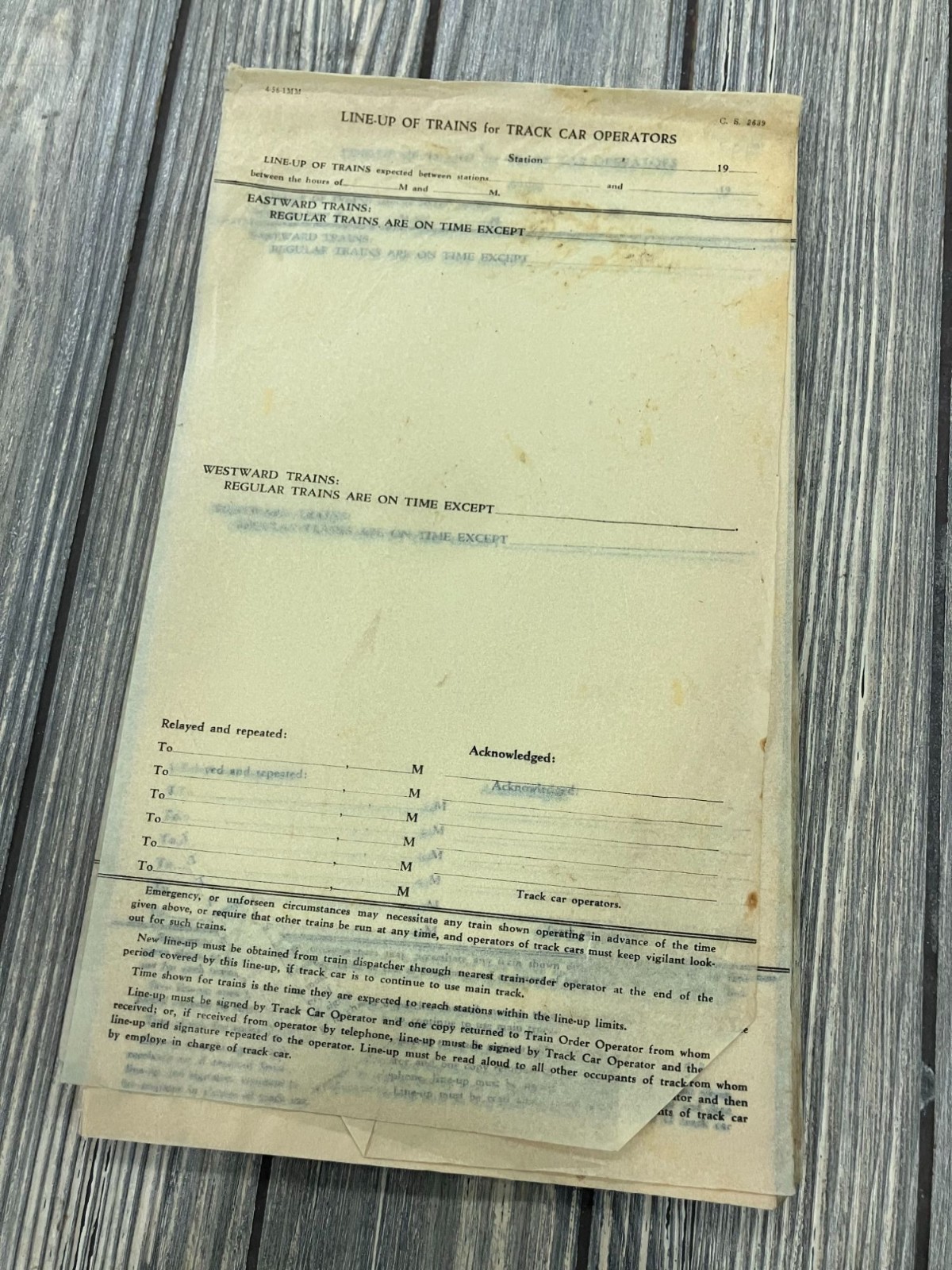 Line-Up Of Trains For Track Car Operators Vintage Railroad Document