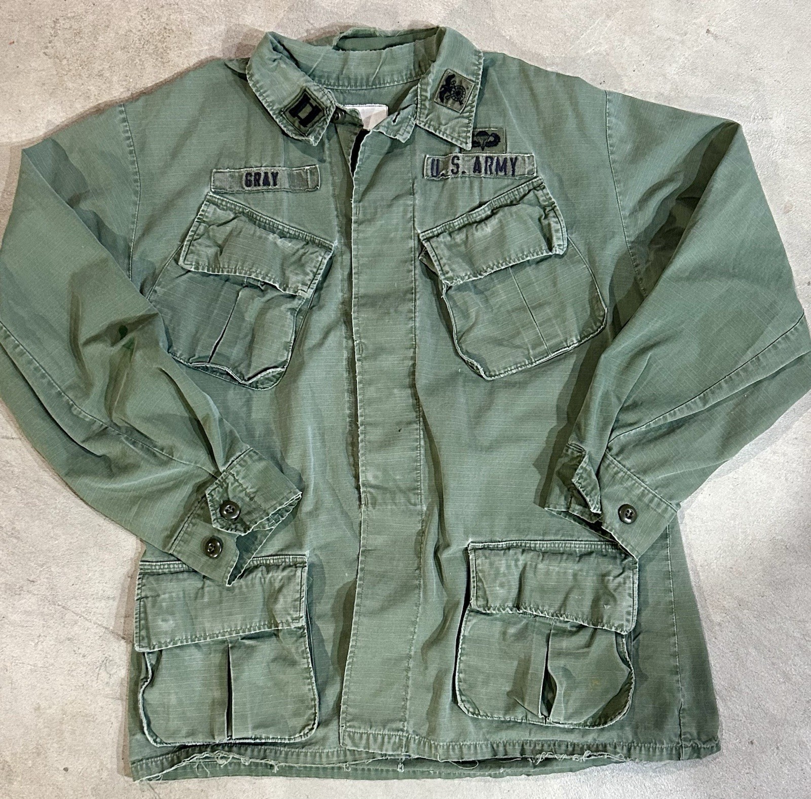 Vtg 1968 Vietnam War US Army OG-107 Slant Pocket Jungle Jacket Airborne Captain