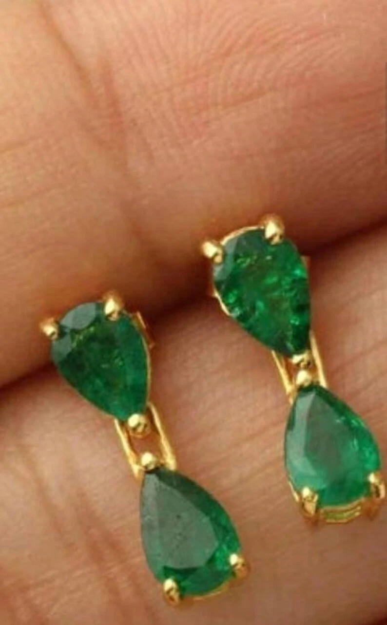 Estate Tiny High Quality Royal Emerald 18K Yellow Gold Over Hanging Earrings 2PC