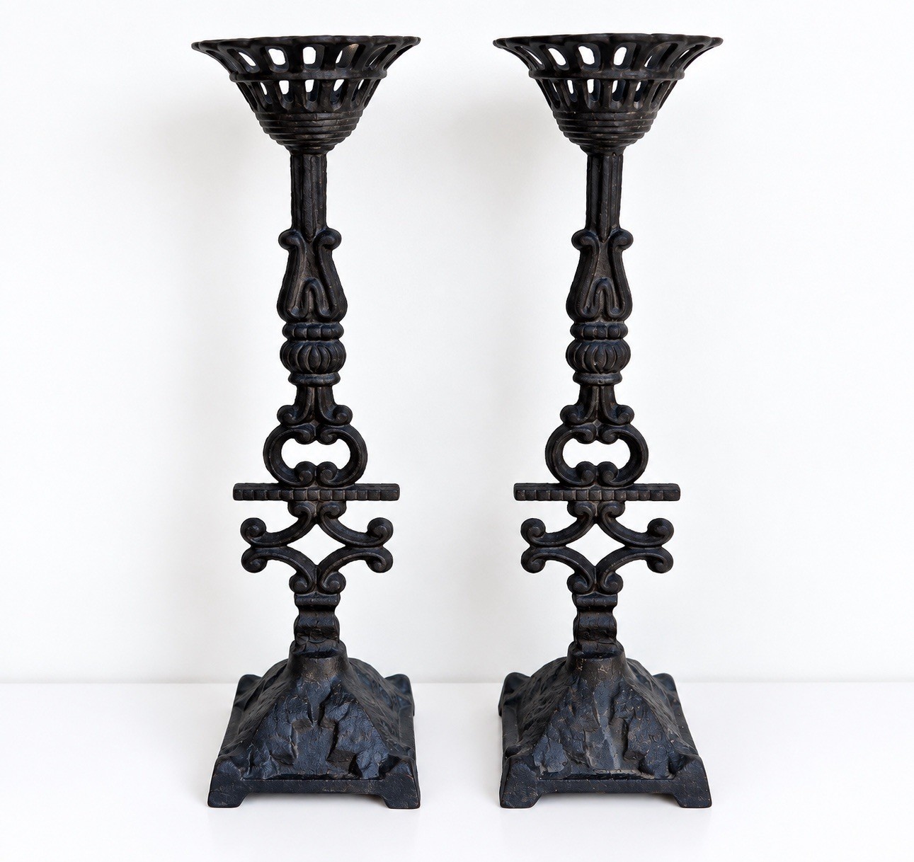 Pair Vintage Ornate Cast Iron Gothic Candlesticks Candle Holders
