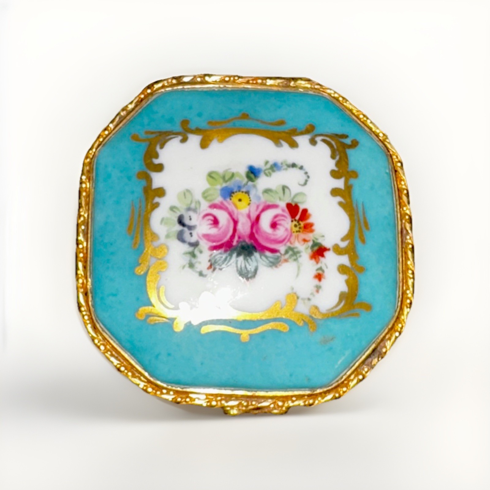 Vintage Porcelain Hinged Trinket Box Gold Casing Hand Painted Roses French Mark
