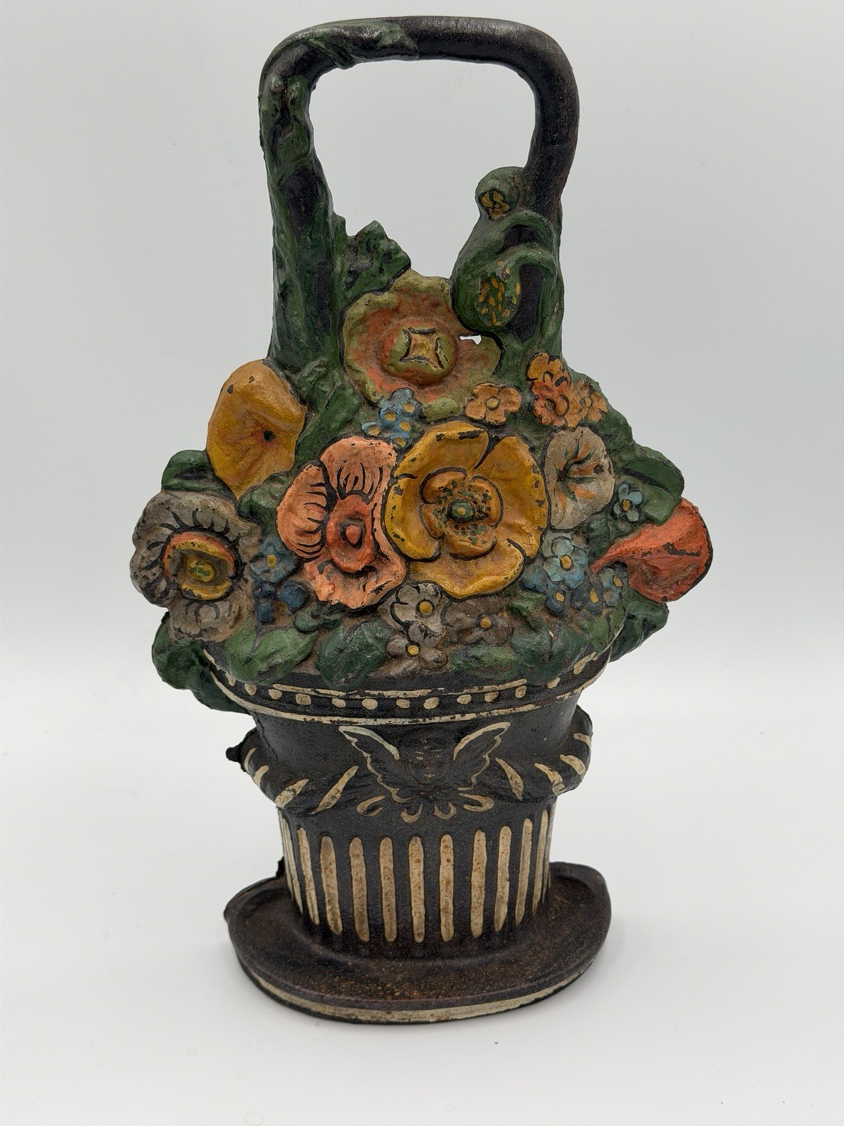 Vintage Cast Iron Door Stop Spring Basket with Bouquet of Flowers