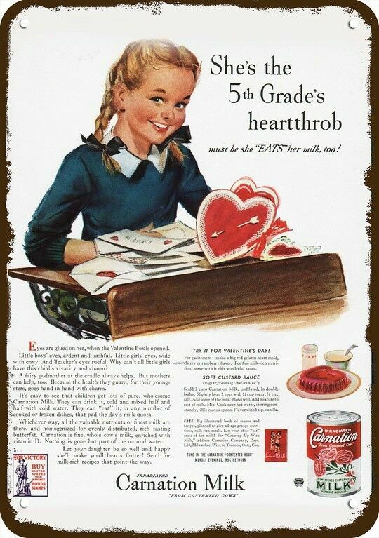 1943 Girl Valentine\'s Day Carnation Milk Vint-Look DECORATIVE REPLICA METAL SIGN