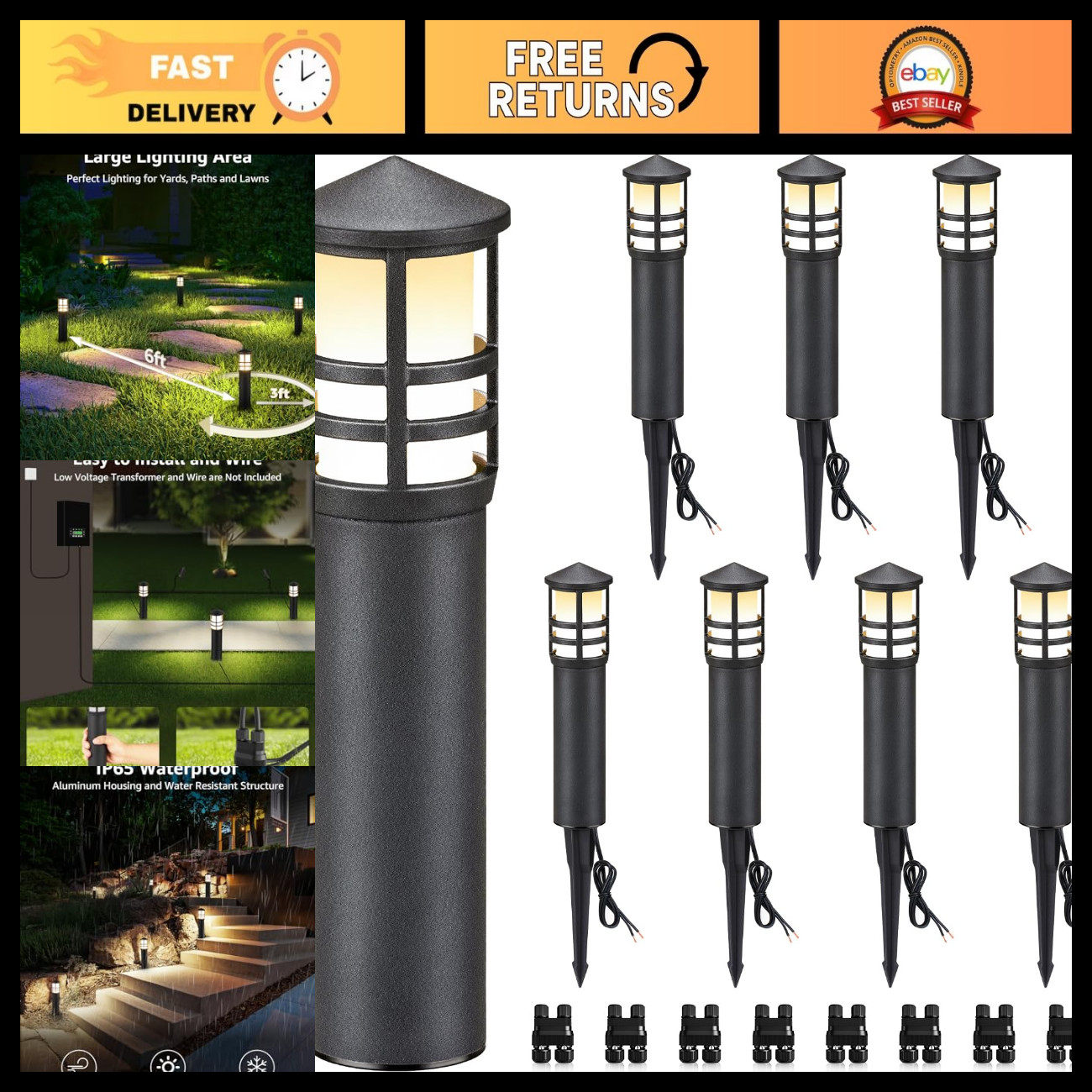 SUNVIE 8-Pack 3W LED Low Voltage Bollard Landscape Pathway Lights, Black