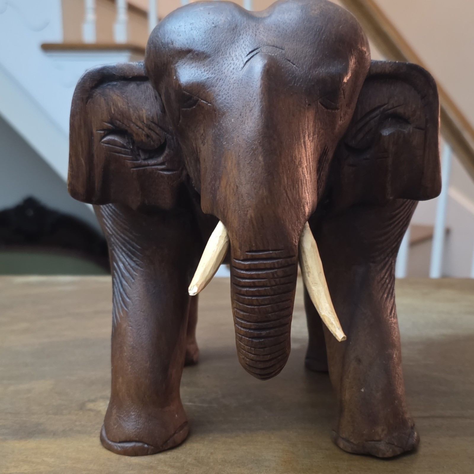 Carved Wood Elephant Figurine Sculpture Decor with Tusks