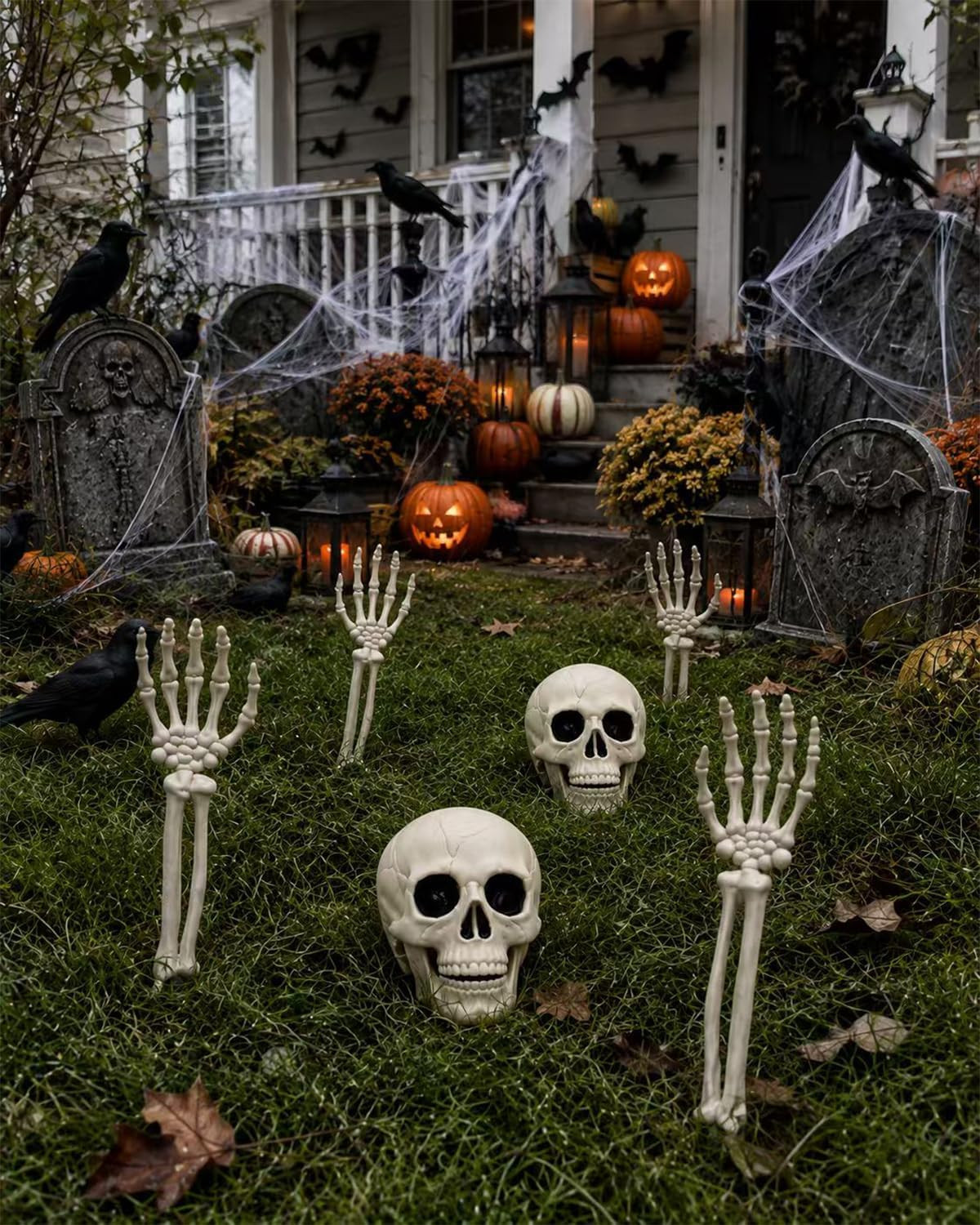 6P Halloween Skeleton Decorations Outdoor, 2 Realistic Skull Heads