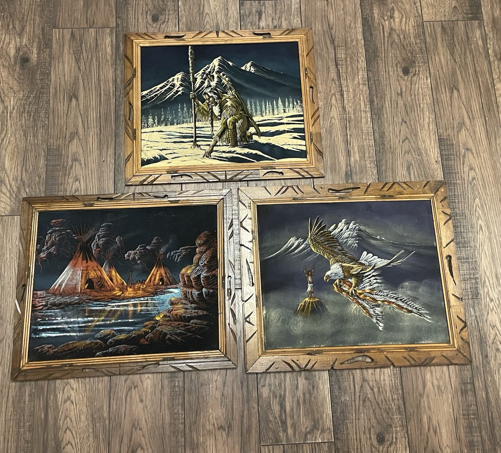 Vintage 1970s Native American Black Velvet Paintings Trilogy Set (3) Carved Wood