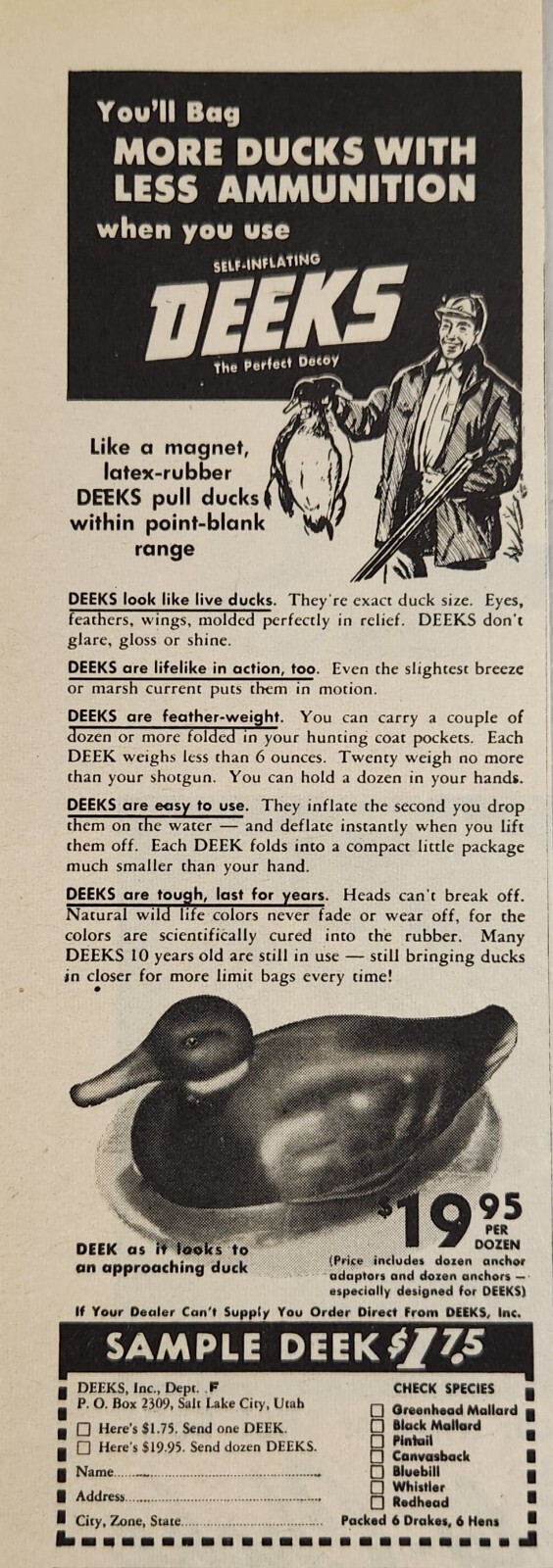 1951 Print Ad Deeks Latex Rubber Duck Decoys Salt Lake City,Utah